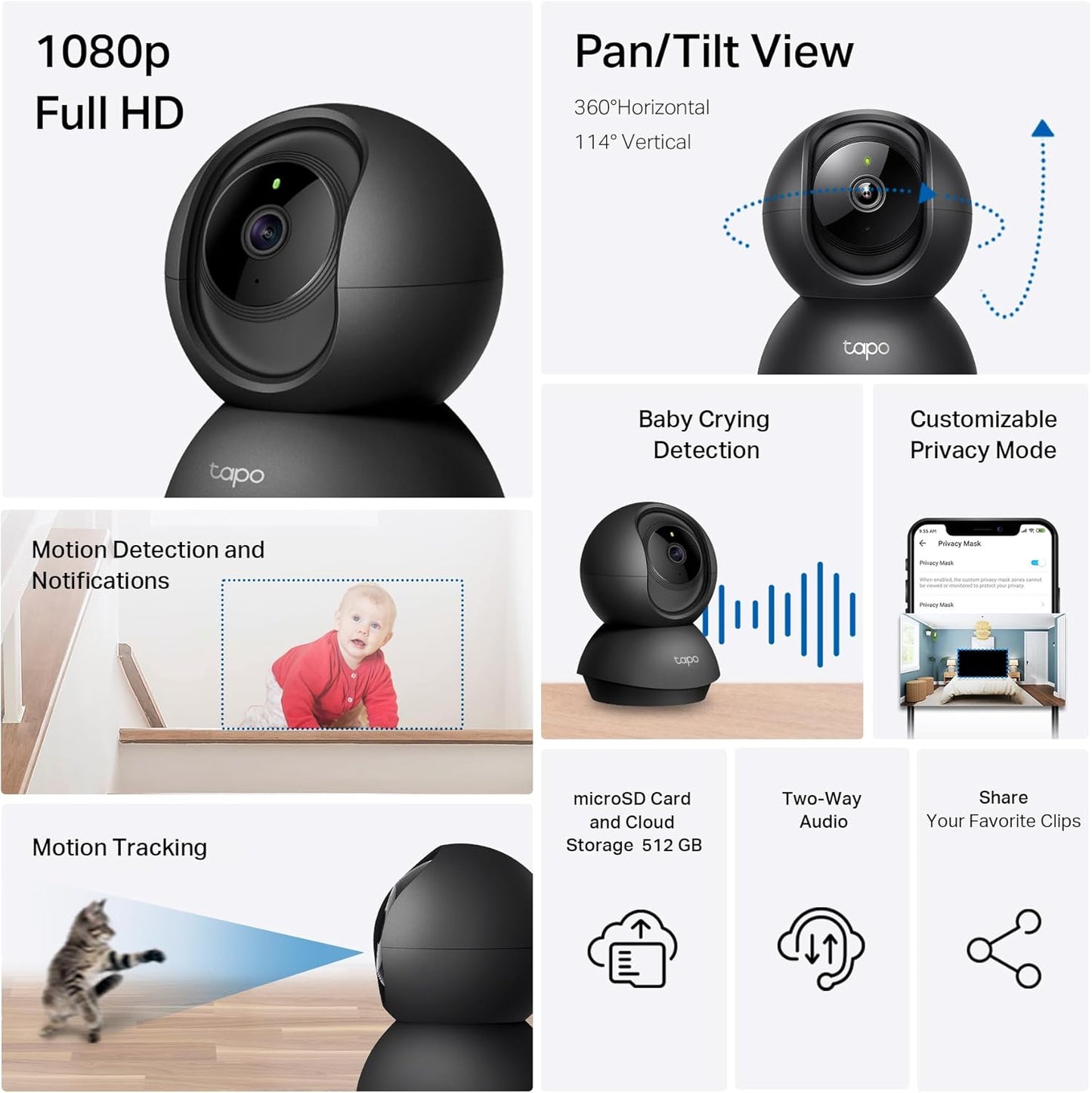 Tapo 1080P 2-Way C201 Indoor Pan/Tilt Wired Security Camera - Works as a Baby & Pet Monitor, Motion Detection, Audio