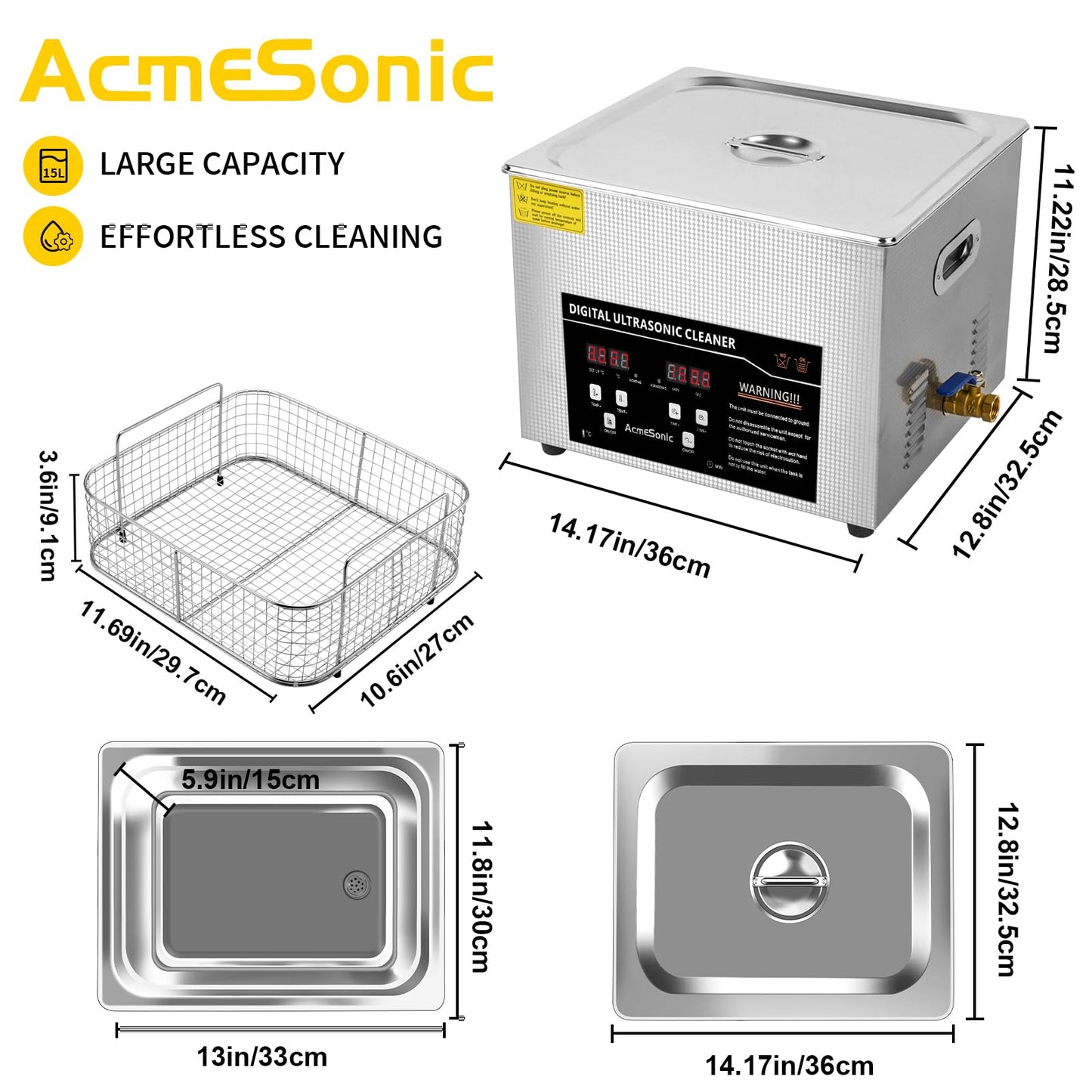 ACMESONIC Ultrasonic Cleaning Machine 15L Digital Ultrasonic Parts Cleaner with Timer 40kHz SUS 304 Stainless Steel Lab Sonic Cleaner for Professional Tools,Metal Parts,Jewelry,Eyeglasses