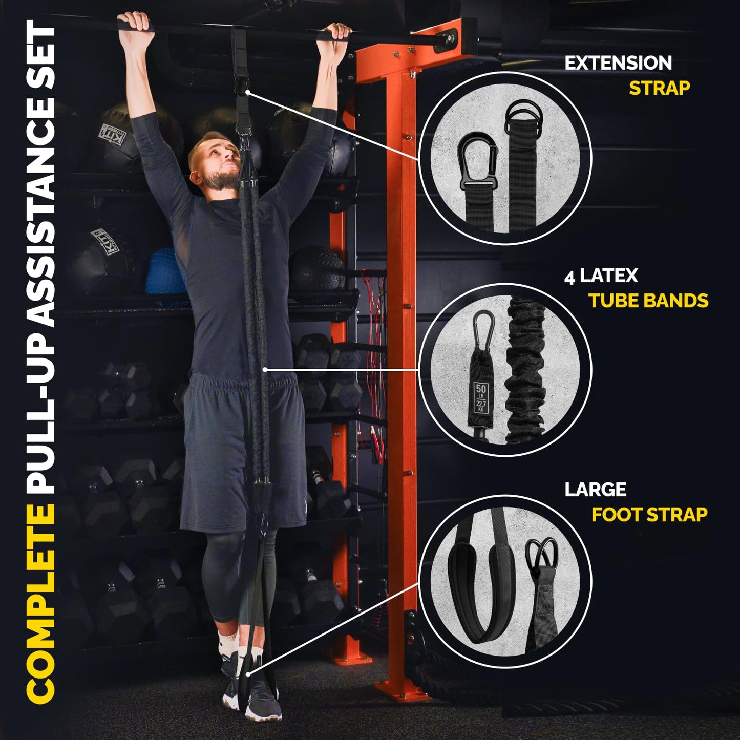 Pull Up Assistance Bands Set - 4 Heavy-Duty Pull Up Bands, Height Adjustable Strap & Comfortable Foot Strap - Stackable Pull Up Resistance Bands for Pull Ups (Black)