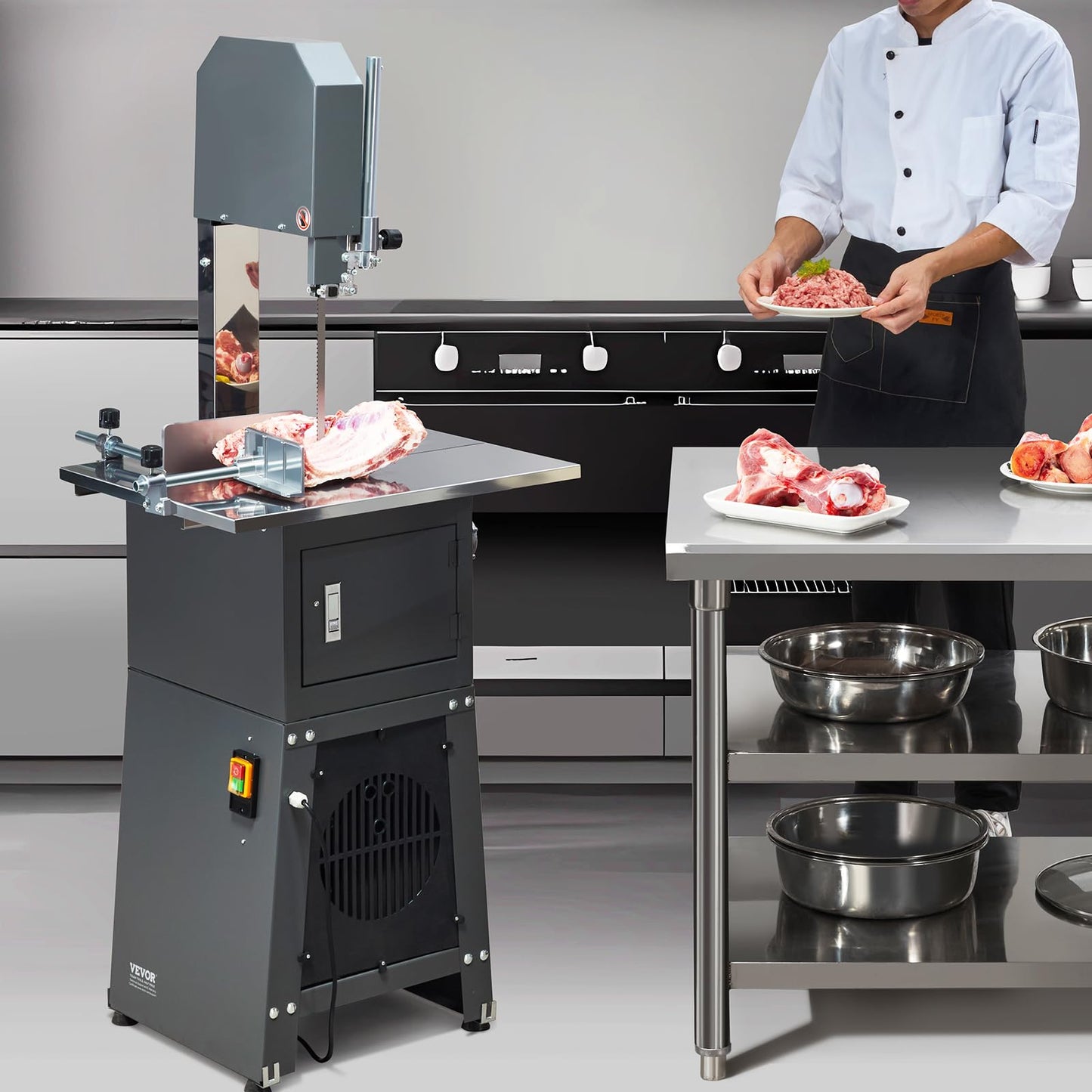 VEVOR Commercial Electric Meat Bandsaw, 550W Stainless Steel Vertical Bone Sawing Machine, 19.1"x15" Workbench, 7.09 Inch Cutting Thickness, Frozen Meat Cutter with Blade for Rib Pork Beef