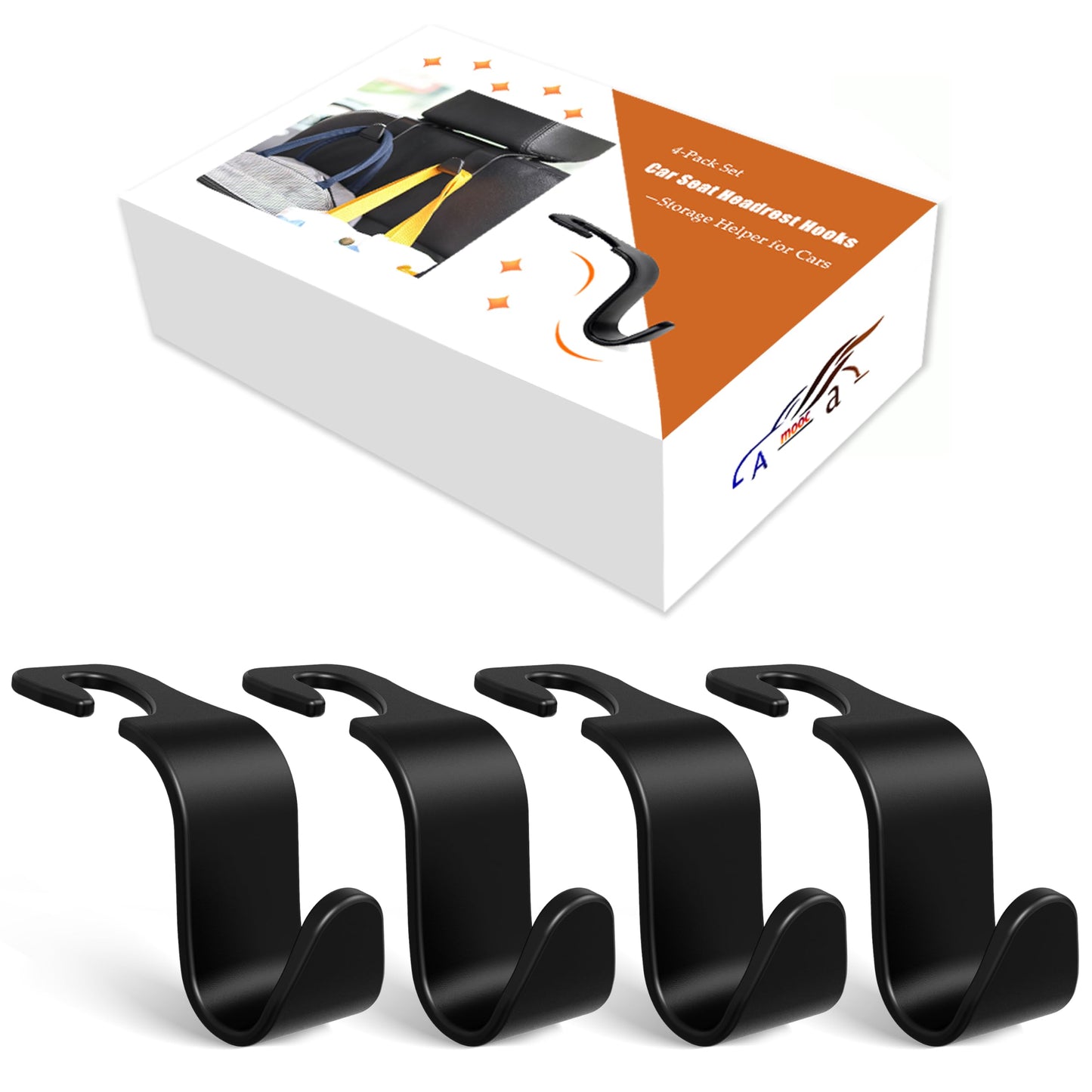 Amooca 4-Pack Car Headrest Hooks Vehicle Storage Organizer for Purses Handbags Groceries Backpack Coats –Holds 55lbs 360° Rotating Black