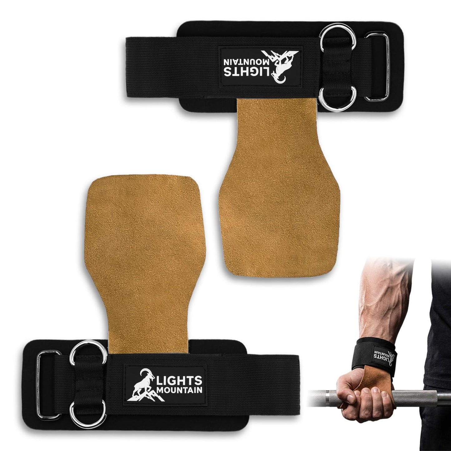 Lights Mountain Weight Lifting Straps with D Rings, Leather Palm Grip, 7mm Wrist Support Padding, Adjustable Fit for Cable Machines & Free Weights