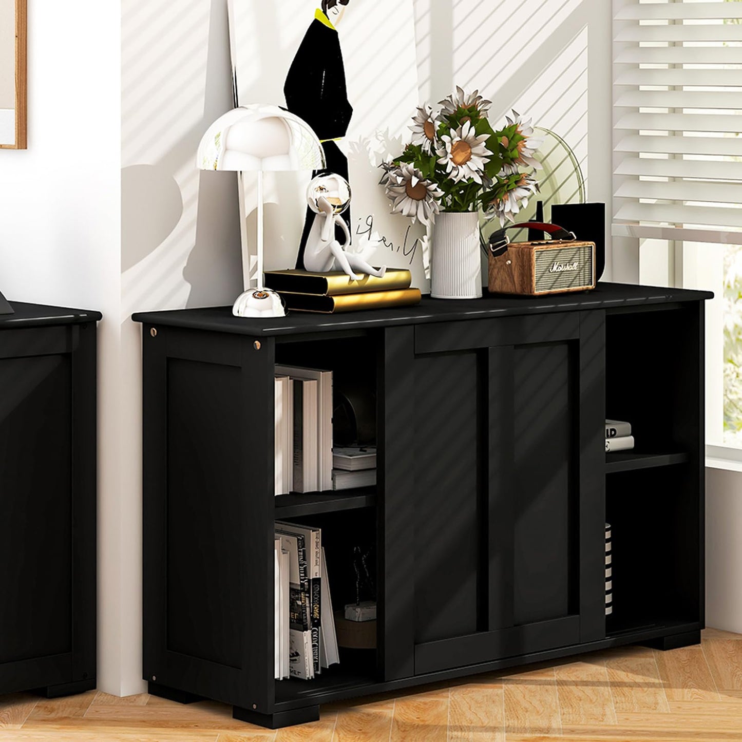 Byroce Buffet Cabinet Sideboard, Wood Storage Credenza Cupboard with Adjustable Shelf & 2 Sliding Doors, Stackable Coffee Bar Cabinet Console Table for Dining Room, Living Room, Kitchen (1, Black)