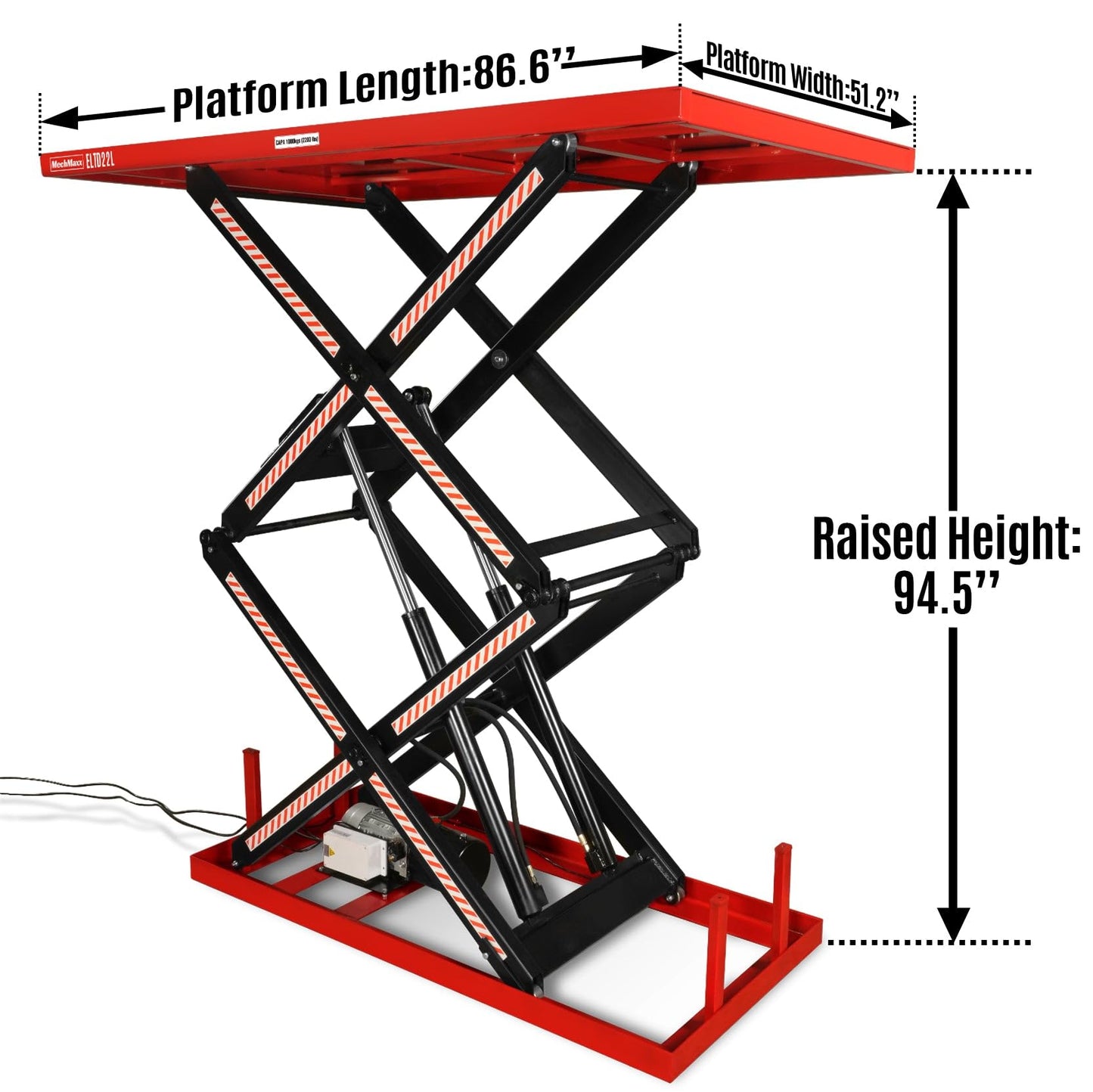 Mechmaxx 2200 lbs Capacity Stationary Powered Hydraulic Double Scissor Lift Table,86.6" x 51.2" Platform,94.5" Lift Height, UL Certified Moto,Model ELTD22L