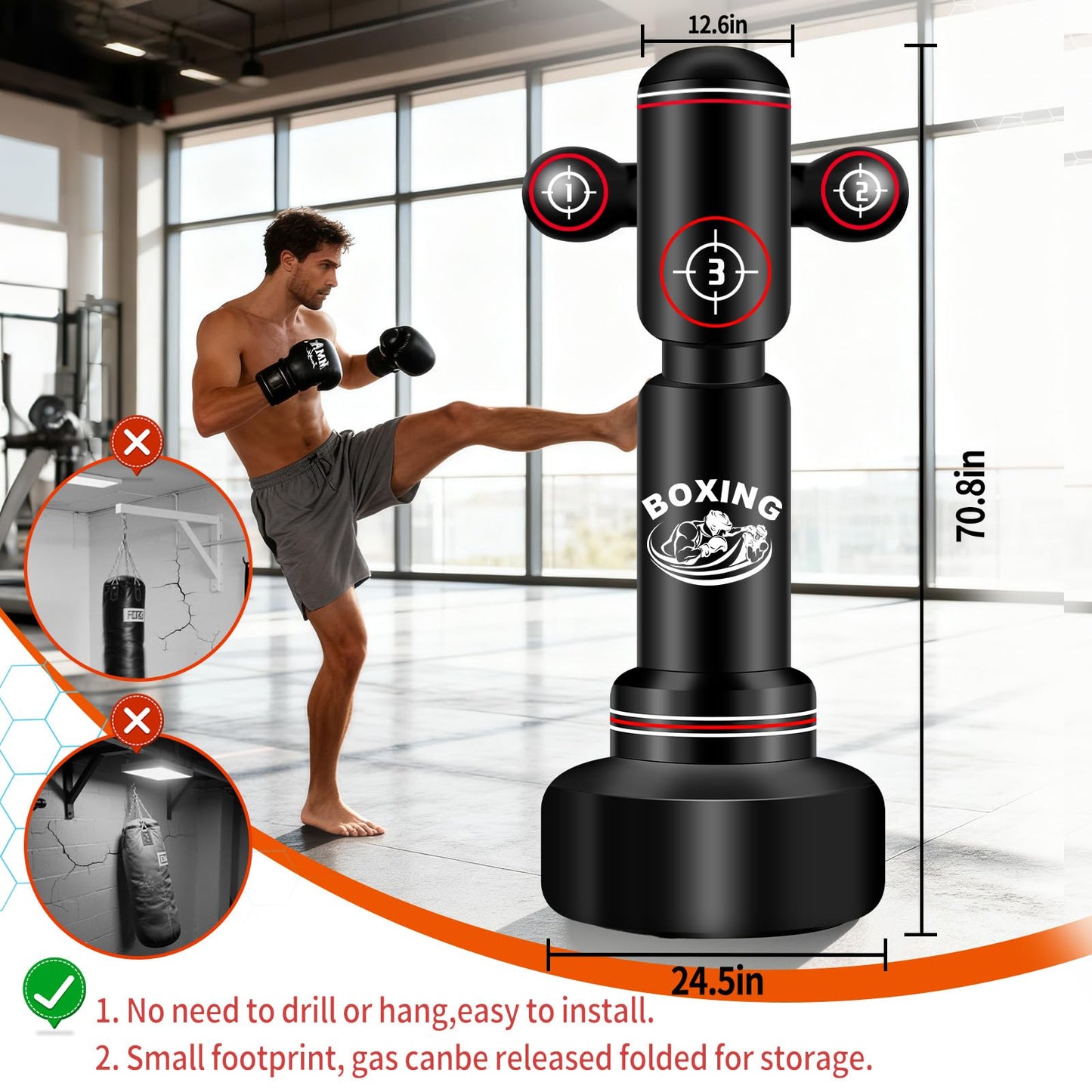 Heavy Boxing Bag with Stand for Adult Teens, 70'' Freestanding Punching Bag with Boxing Gloves, Men Women Standing Kickboxing Bag, Kickboxing Bags for Beginners Training MMA Muay Thai Fitness Home Gym