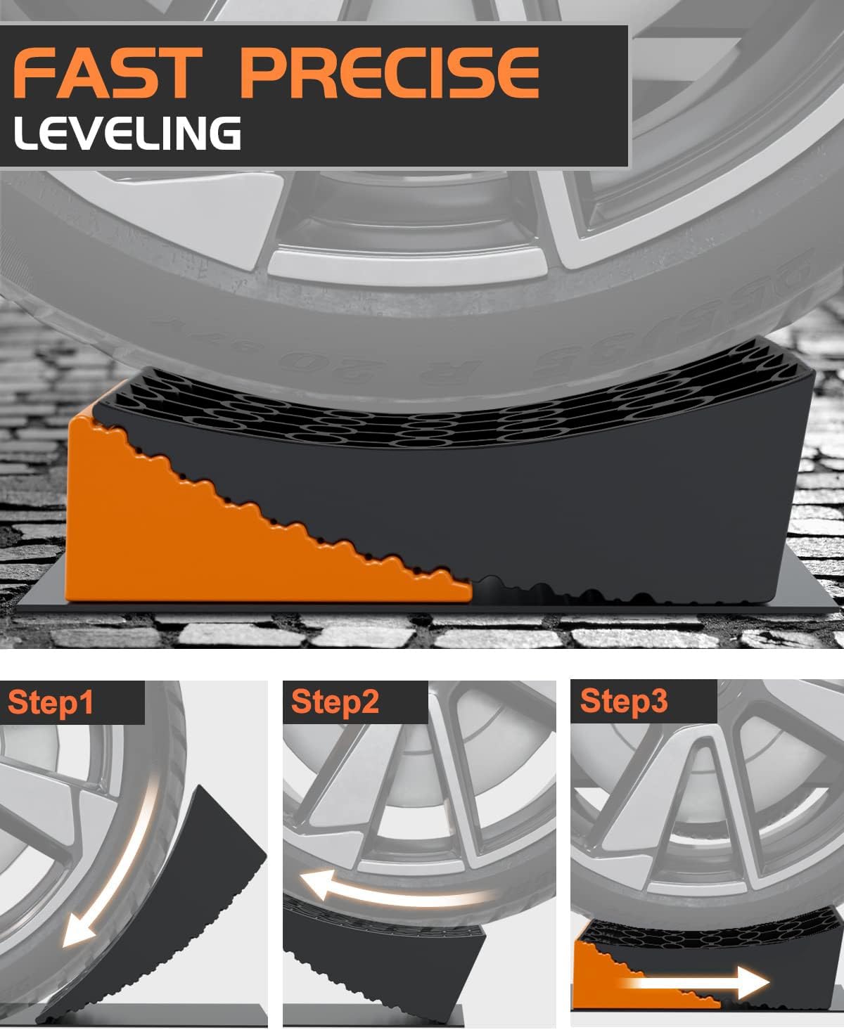 RV Leveling Blocks Ramp Kit, 2 Packs Camper Leveler System for Travel with Two Chocks, 2 Anti-Slip Mats, 1T Bubble Level and Carry Bag, Up to 35000 LBS, Easier & Faster to Level Camper-Orange
