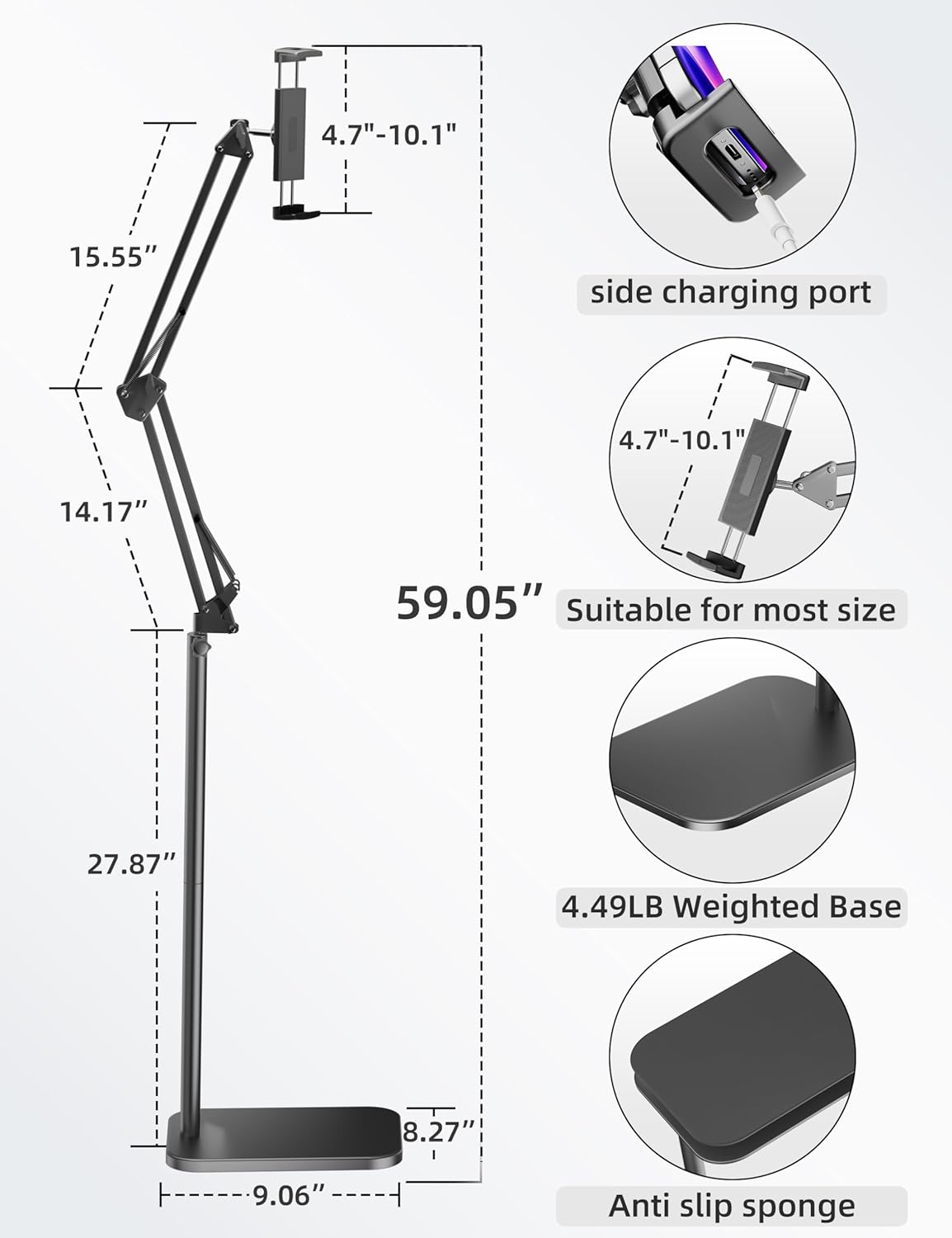 TabHolderix 4.5LB Tablet Floor Stand with Heavy Metal Base,Overhead Bed Phone Stand Angle Height Adjustable Holder