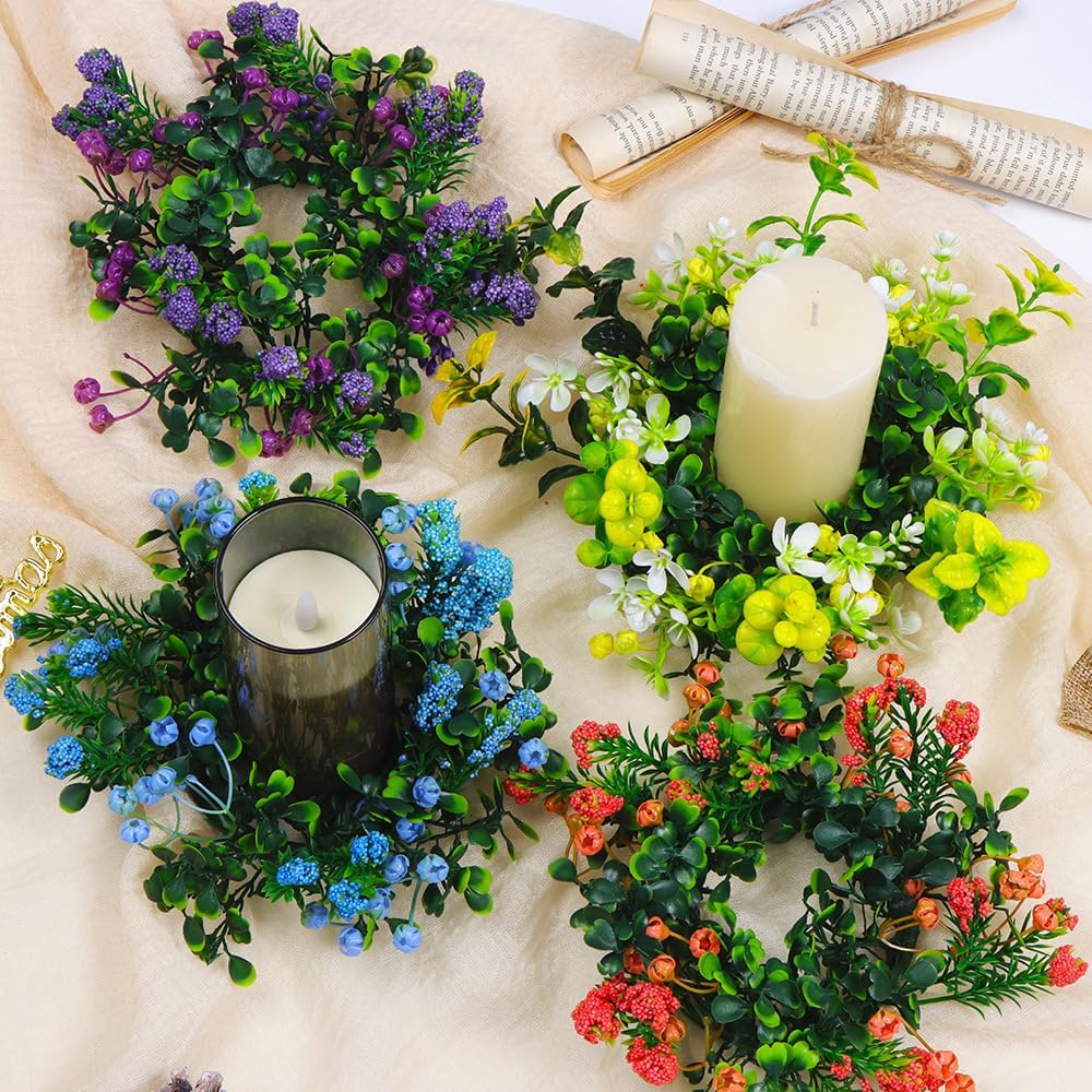 Skiennix 2-Piece Artificial Lavender Flower Wreaths - Eucalyptus Leaf Candle Rings for 3-Inch Pillar Candles | Purple Decor for Spring Weddings & Home
