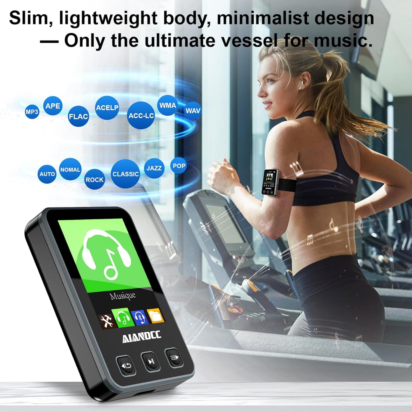 Aiandcc Mp3 5.3, 1.77-inch 32GB mp3 Player with Bluetooth HiFi Music Player with Sports Clip and Armband, TFT Color
