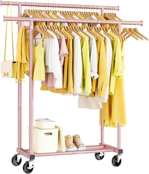 HYSEYY Double Rod Clothing Rack - Sturdy Portable Garment Rack for Bedroom & Laundry | Pink