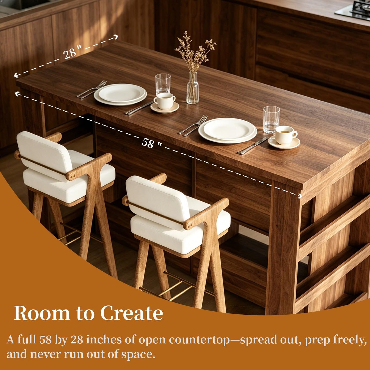 JOYSOURCE Large Farmhouse Kitchen Island with Storage 58 Inches Stationary Kitchen Island with Seating, 2 Drawers, Shelves Bar Table for Kitchen Dining Room Living Room Walnut Wood Grain