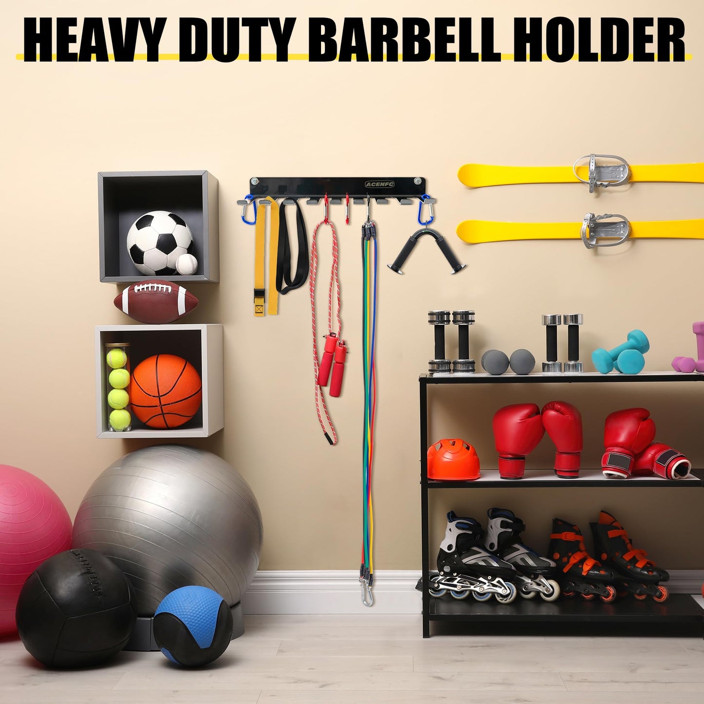 Wall-Mounted Gym Organizer, Resistance Band Storage Rack, Barbell Holder Wall Mount, Dumbbell Storage, Home Gym Accessories Holder (ZJ-L-2m)