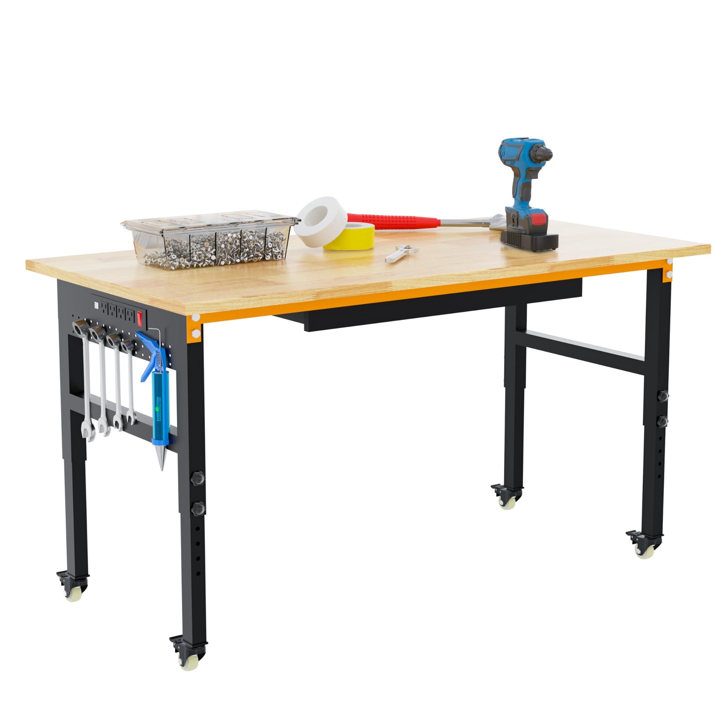 Betterhood 60" Adjustable Workbench on Wheels, 2000 LBS Heavy Duty Work Table with Power Outlets & Pegboard, Rubber Wood Workstation for Garage, Workshop, Office, Home, Commercial