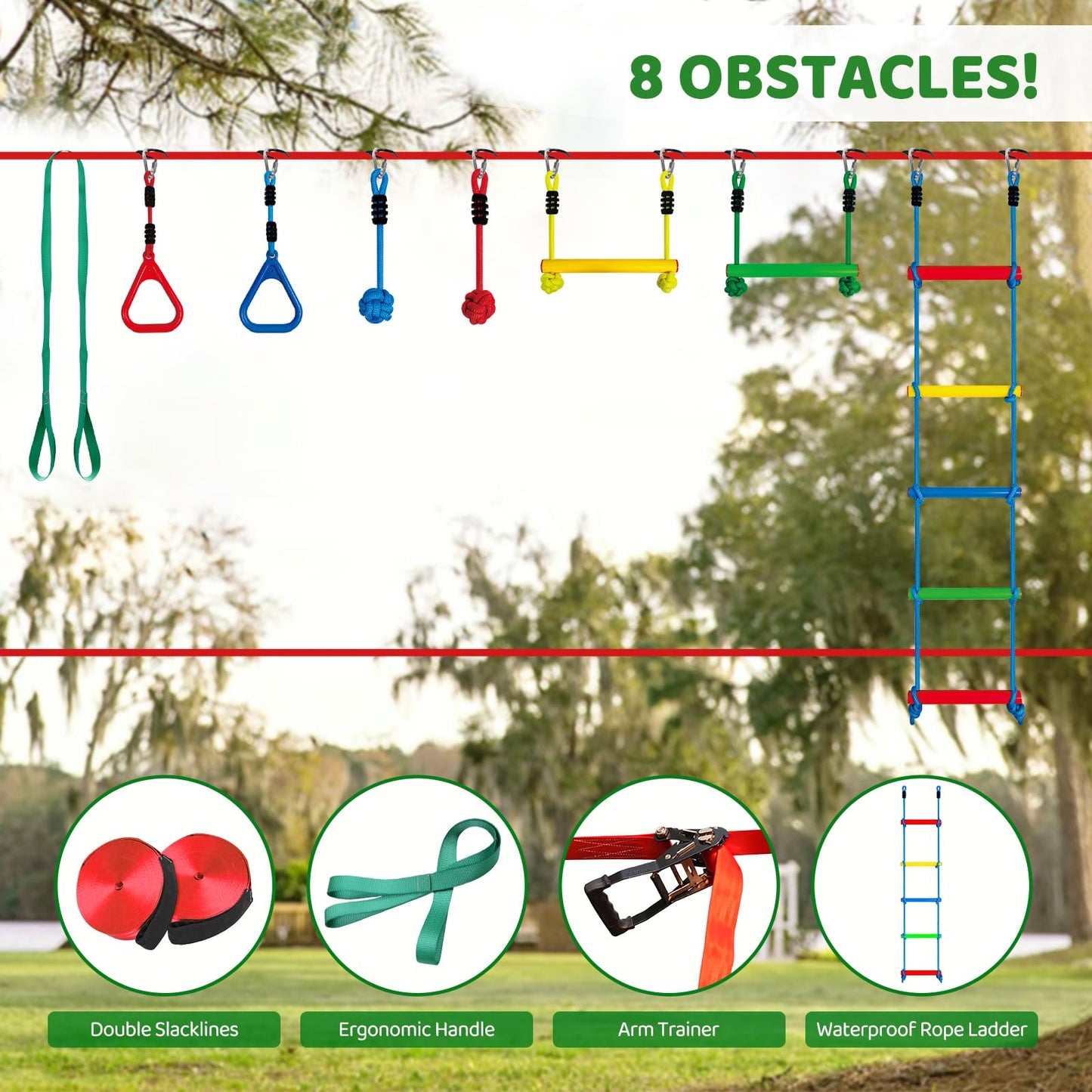 Dripex Ninja Warrior Obstacle Course for Kids, 2×50ft Slack Lines for Backyard with 8 Ninja Accessories - Monkey Bar, Rope Ladder, Gymnastic Ring, Arm Trainer and Monkey Fist