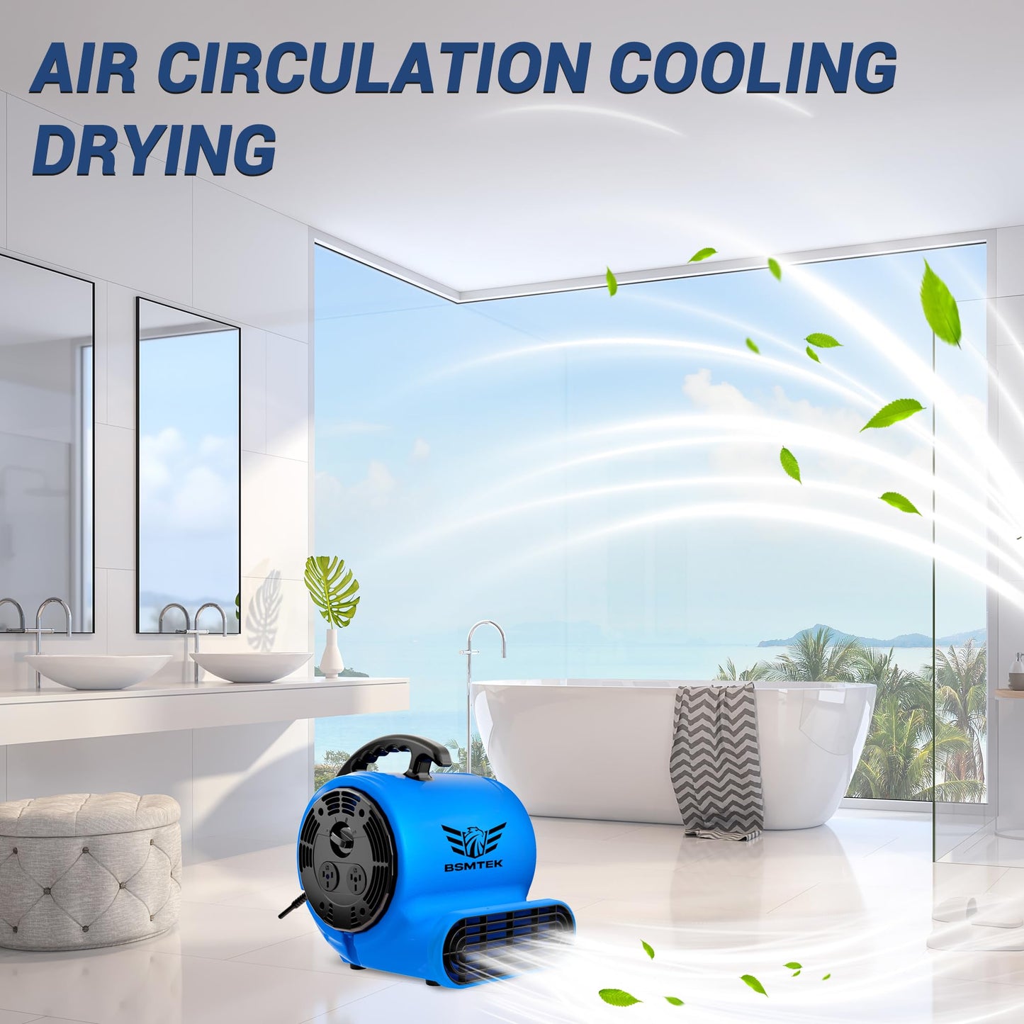 BSMTEK Air Mover Blower Fan, Industrial 1/3HP 1200CFM Monster Floor Blower Carpet Dryers - 3 Speeds Switch, 4 Adjustable Angles, 15FT Long Cord, Stackable - 2026 Upgraded