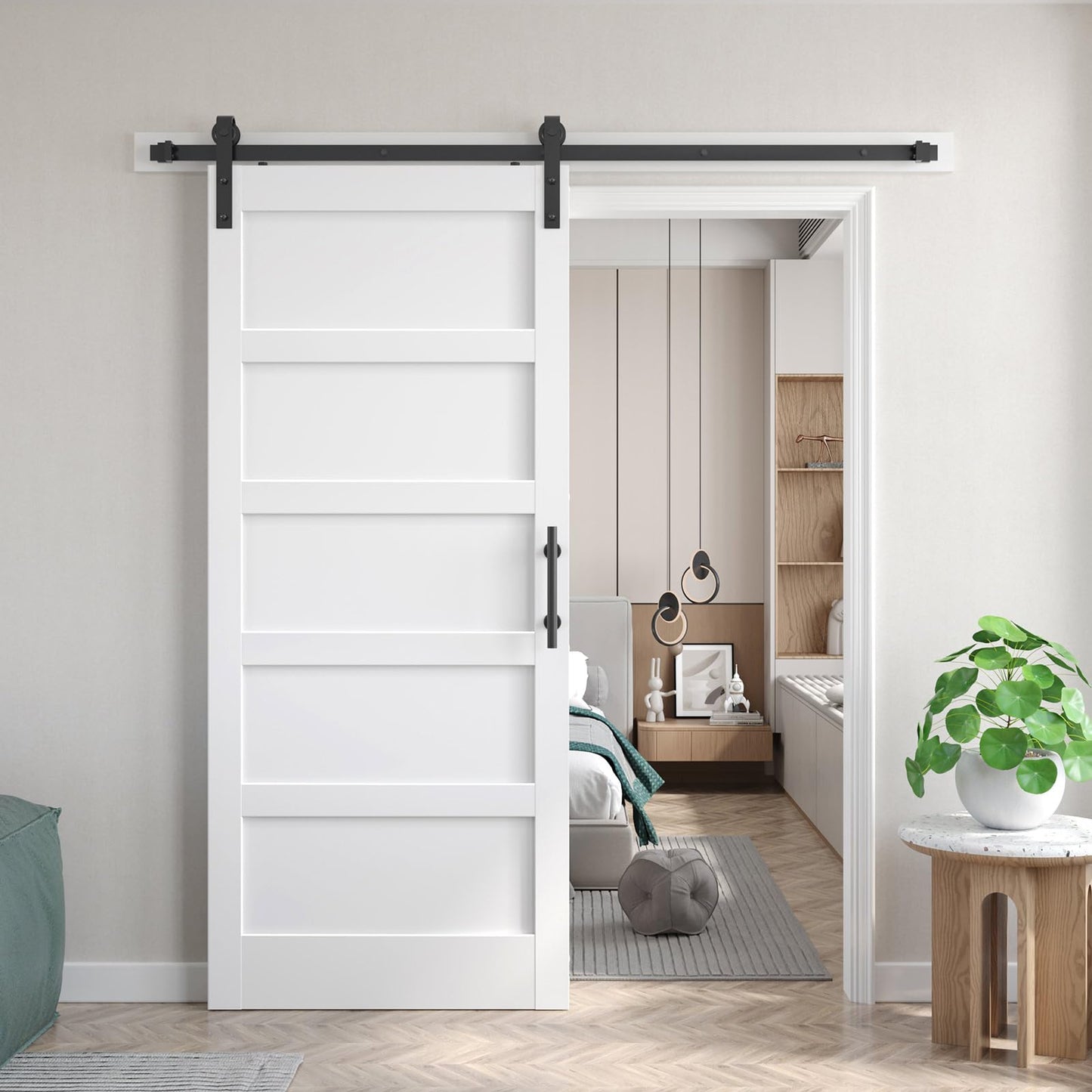 Fredbeck 36inx80in White Barn Door and 6.6FT Sliding Barn Door Hardware Kit Included,Solid,MDF, PVC Surface,DIY Assembly,5-Panel,Fit 33in-34in Opening