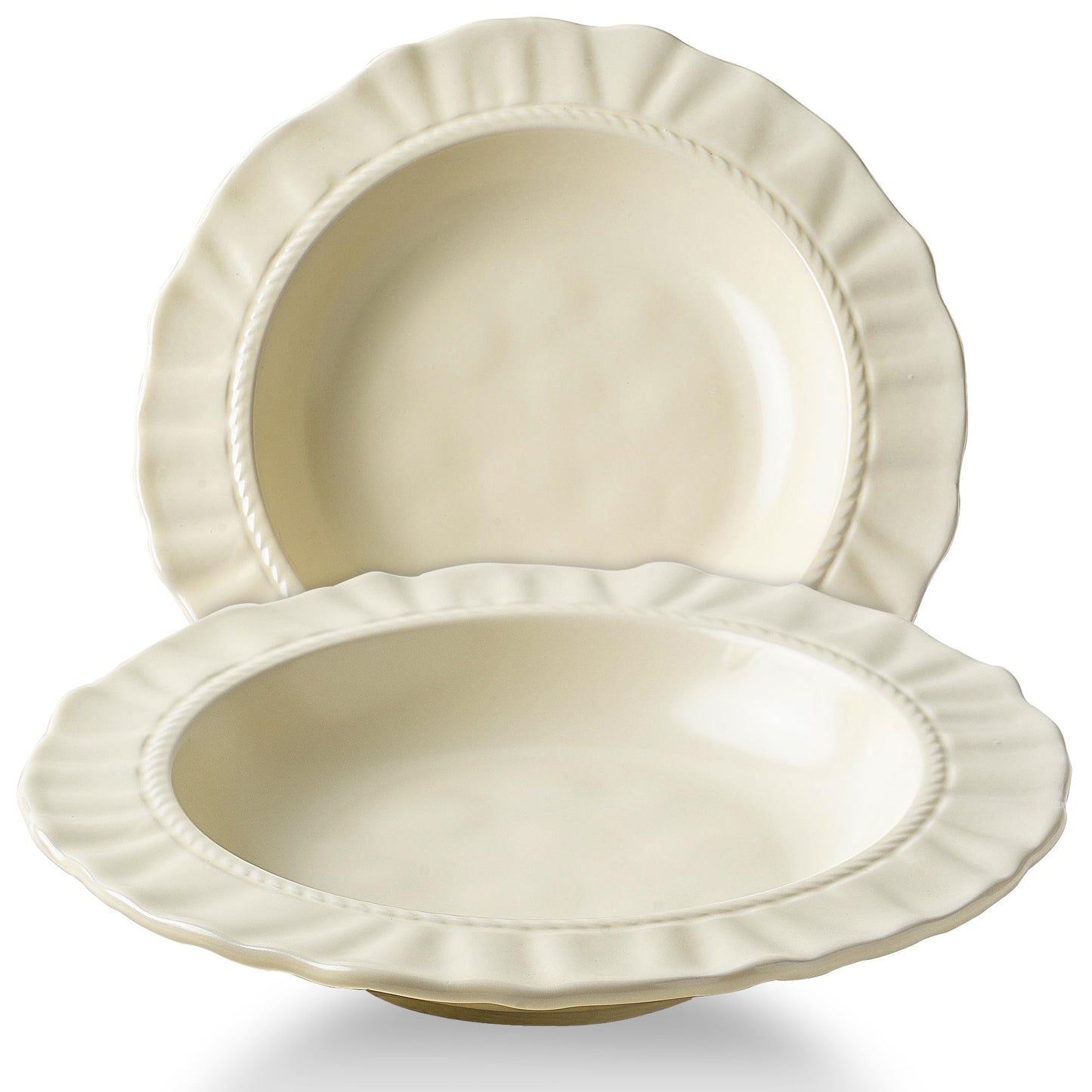 COIKZLY Ceramic Soup Bowls 8.6 in, Pasta Bowls & Plates, Cream color Floral-Embossed Wide Rim Shallow Bowls Set of 2, Italian Carving Design, Matte Finish Porcelain, Microwave & Dishwasher Safe