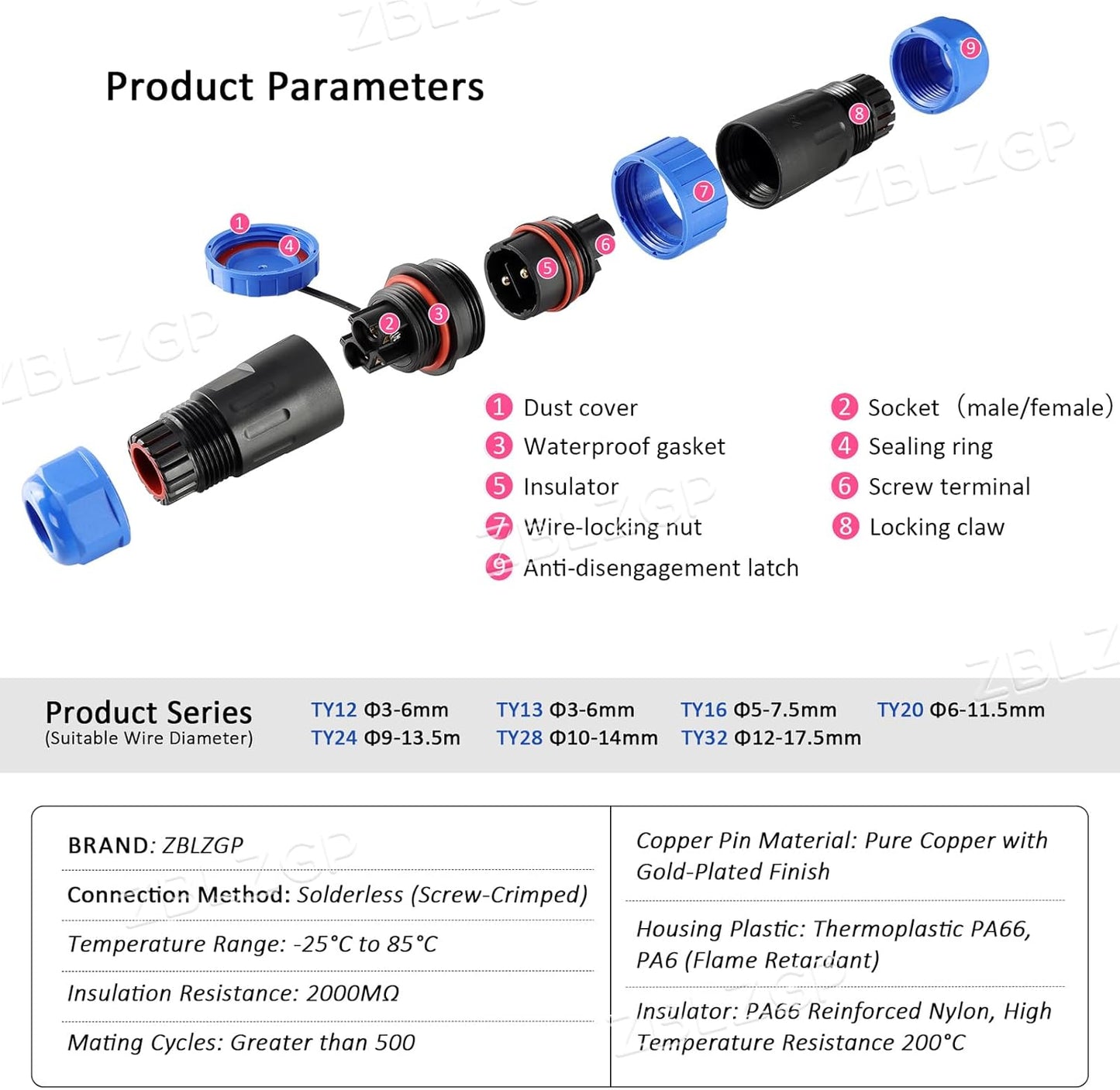 ZBLZGP TY28 IP68 4 Heavy Duty Docking Connector, Rated Pin, Ideal for Outdoor Lighting, Solar Power Systems