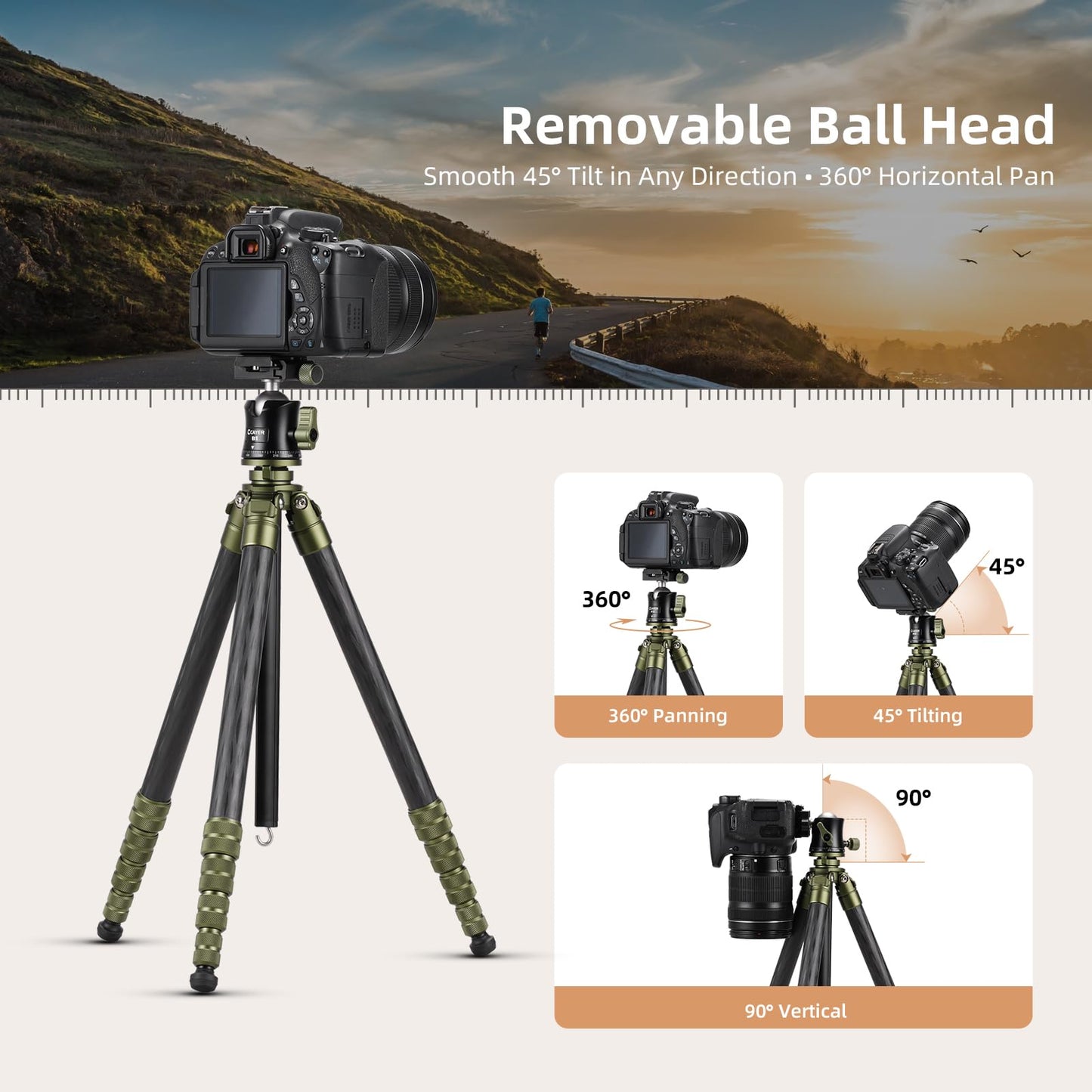 Cayer CH35 Travel Camera Tripod with Ball Head, Compact Carbon Fiber Tripod, 53.6" Compact Camera Stand for Mirrorless Cameras Video Camcorder Mobile Phone Webcam