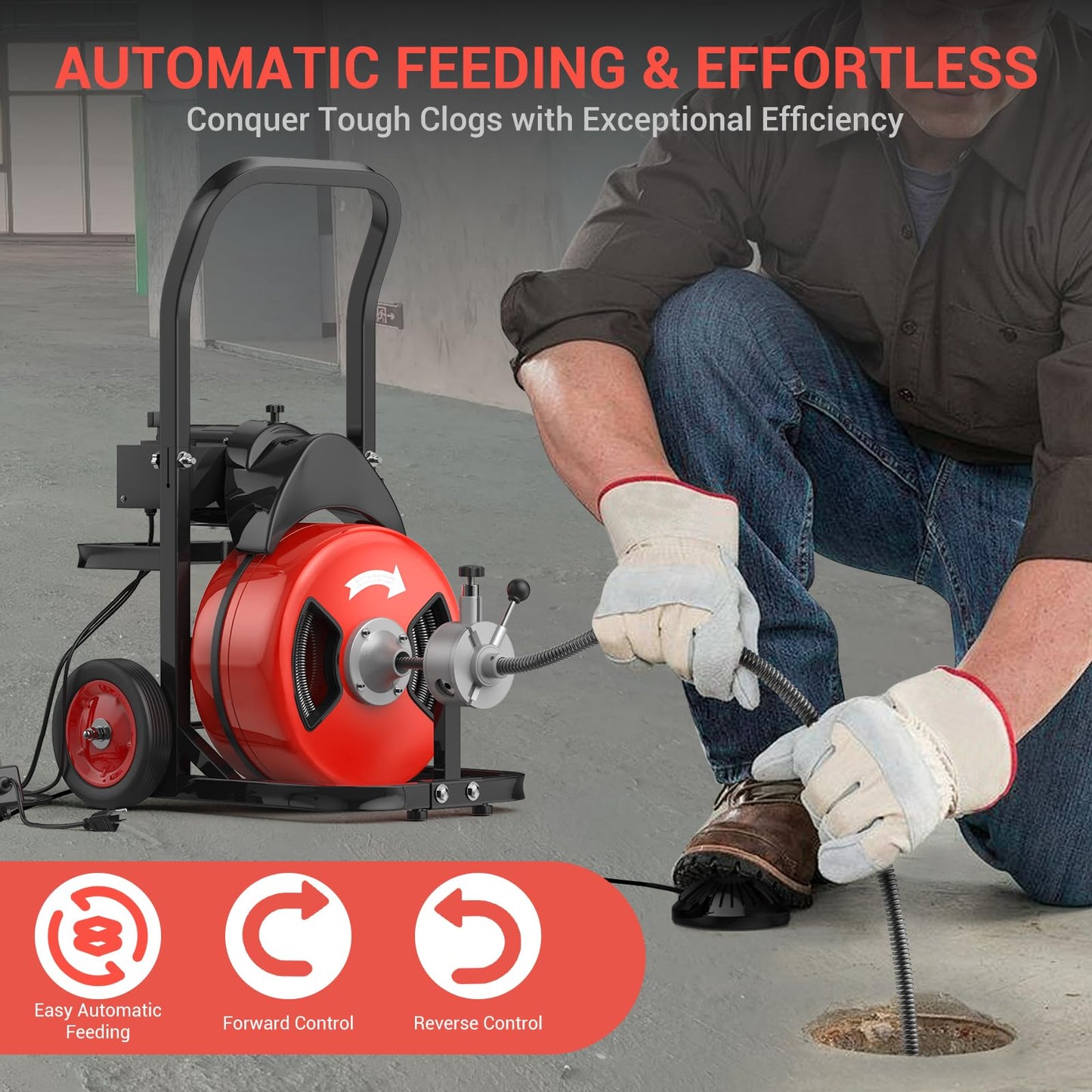 100Ft 3/4 Inch Electric Drain Cleaner Machine, 750W Auto Feed Sewer Snake Drain Auger with 6 Cutters & Air-Activated Foot Switch, Portable Electric Drain Cleaner for 4" to 8" Pipes