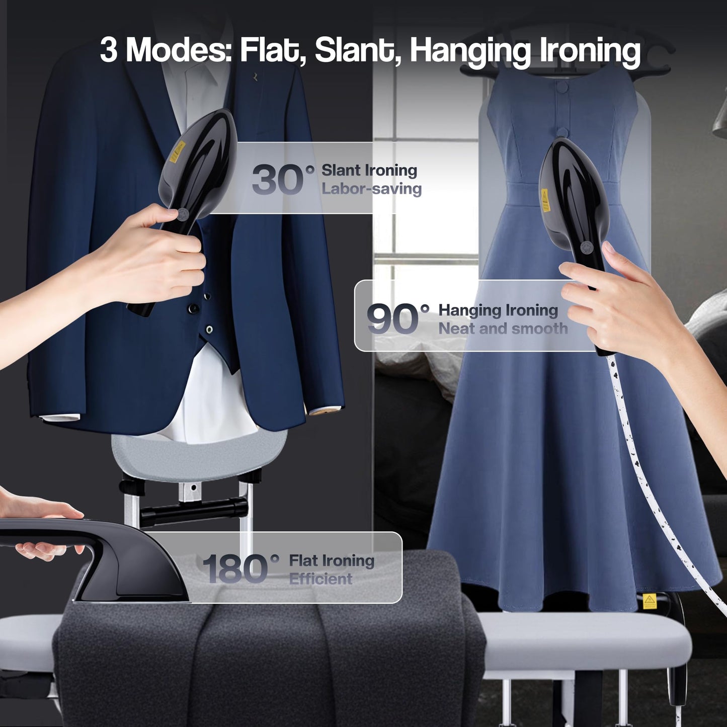 MOMOKOVA Standing Garment Steamer with Dry Ironing, 2000W Powerful Steamer for Clothes with with Flat & Slant & Hanging Iron Options,3 Steam Modes, 25s Fast Heat-Up, 2.2L Water Tank (Black-Silver)