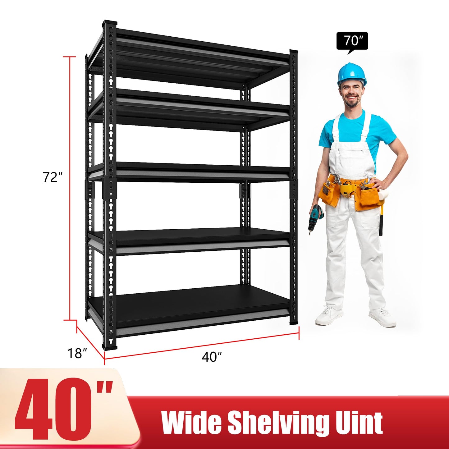 SDXYSTCE Garage Shelving Heavy Duty, 2200 Lbs Loads Garage Storage Shelves Heavy Duty, 5-Tier Metal Shelving Units and Storage for Basement, Retiple Tanks,40''Wx18 Dx72 H,Black