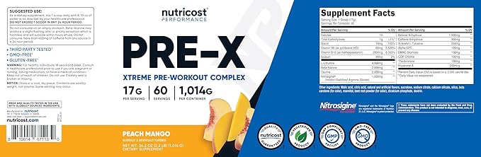 Nutricost Pre-X Xtreme PreWorkout Powder Complex, Peach Mango, 60 Servings, Vegetarian, Non-GMO and Gluten Free