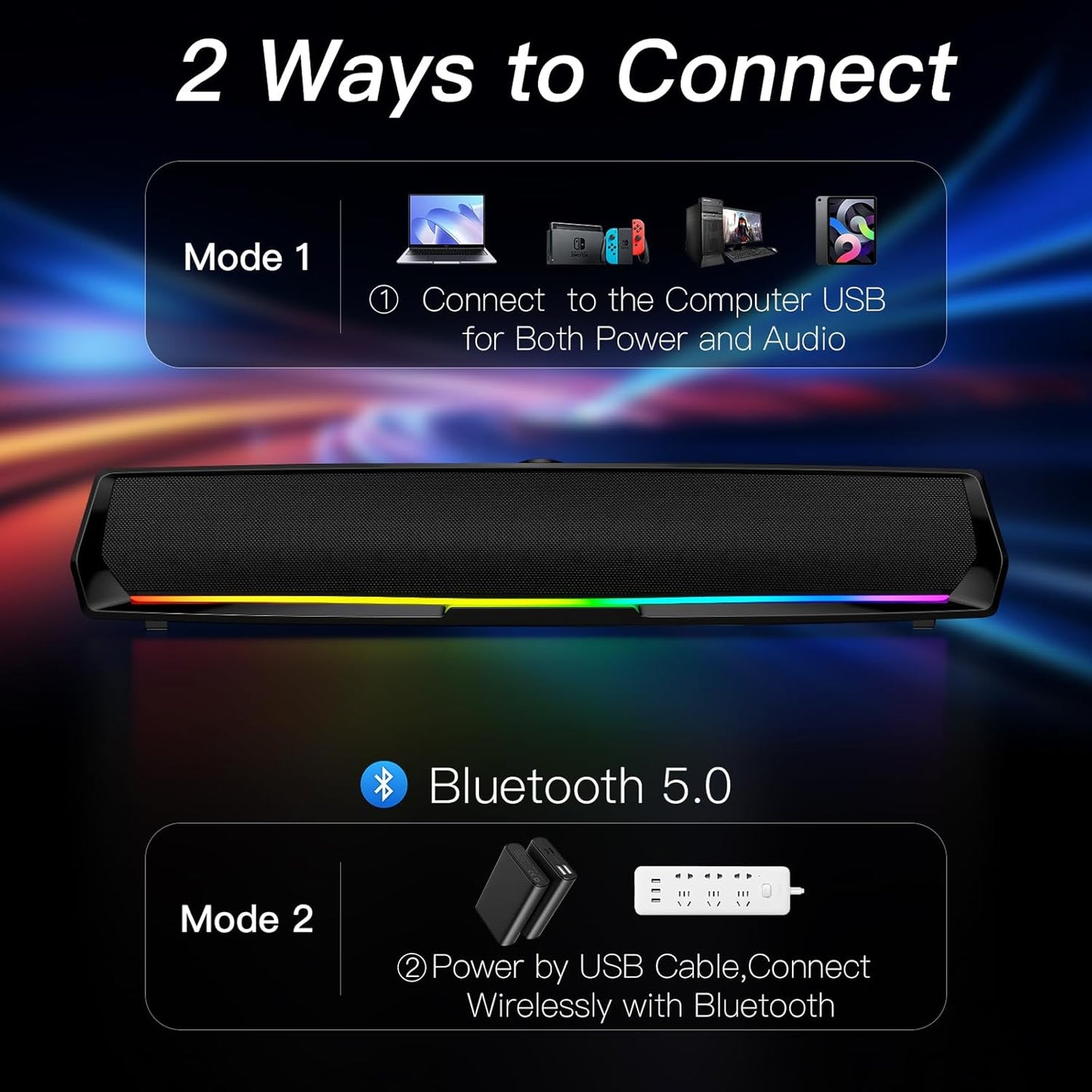 LENRUE Computer Speakers for Desktop,PC Speakers Gaming Sound bar with Colorful Light,USB Speaker With Bluetooth