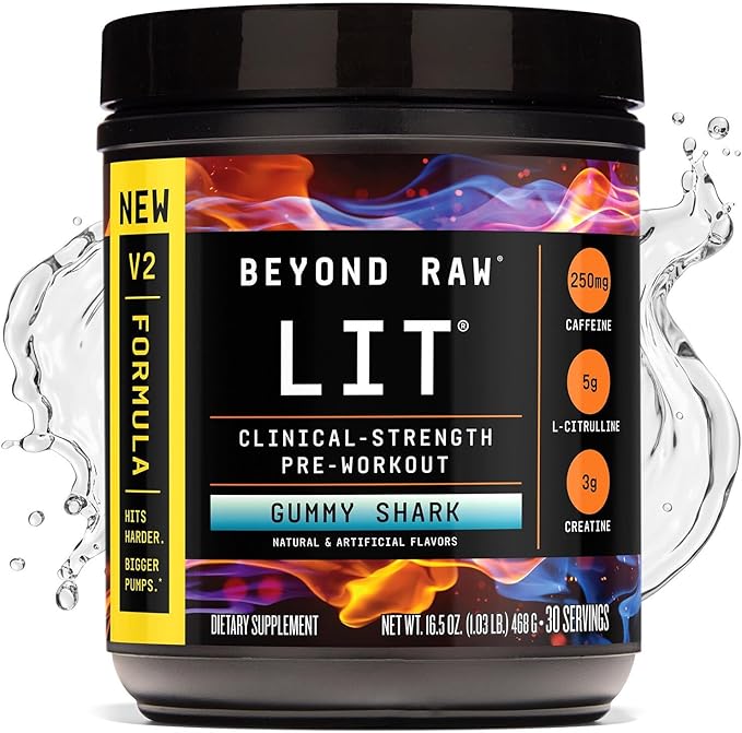 BEYOND RAW LIT V2 Clinical Strength Pre Workout Powder, Hits Harder, Bigger Pumps, Caffeine, L-Citrulline, Creatine, Gummy Shark, 30 Servings