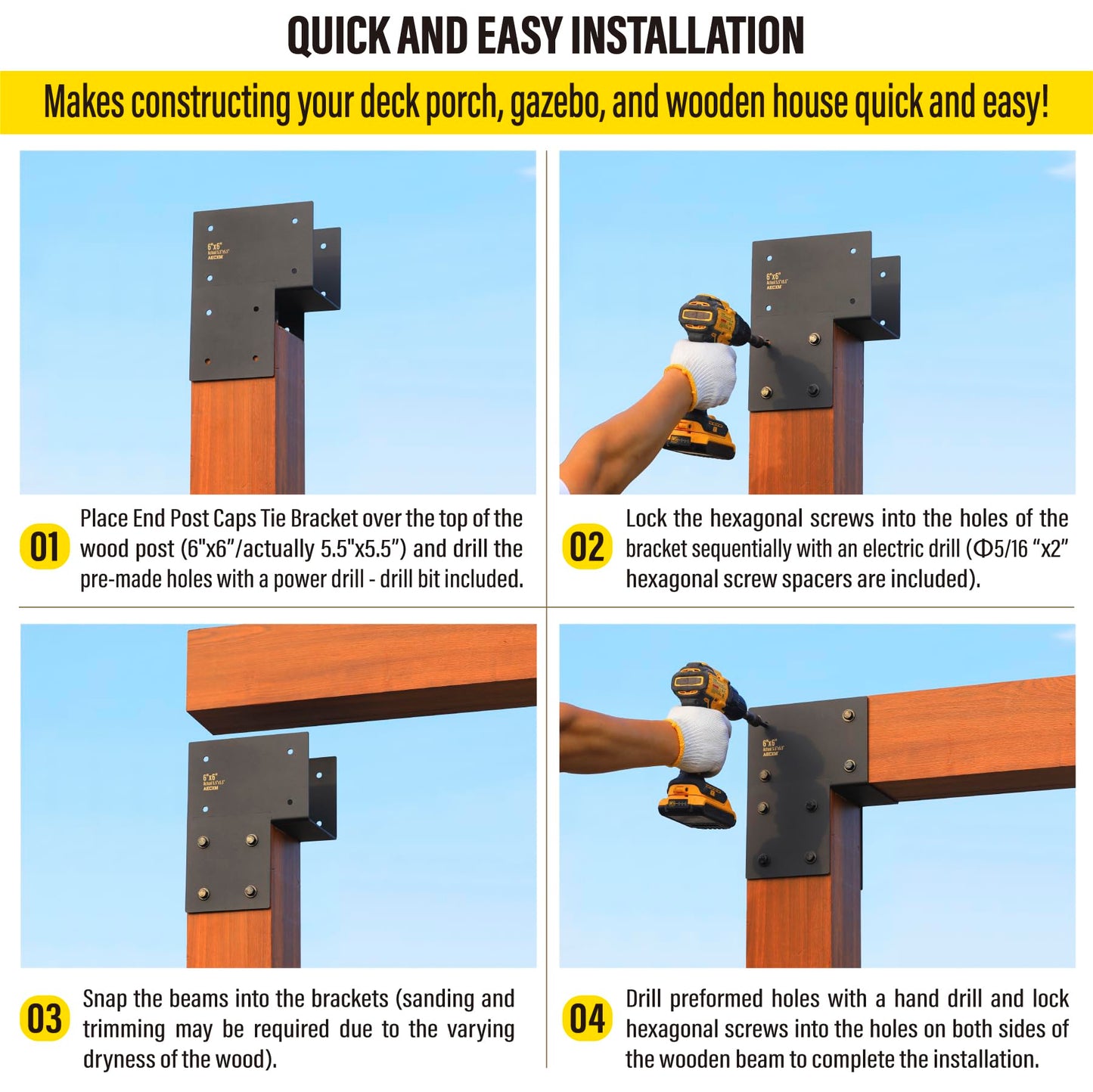 Aecxm 6"x6" (Actual 5.5"x5.5") Heavy Duty End Post Caps Tie Brackets for Wood, Deck Post to Beam Connector Bracket Stainless Steel 4Pack