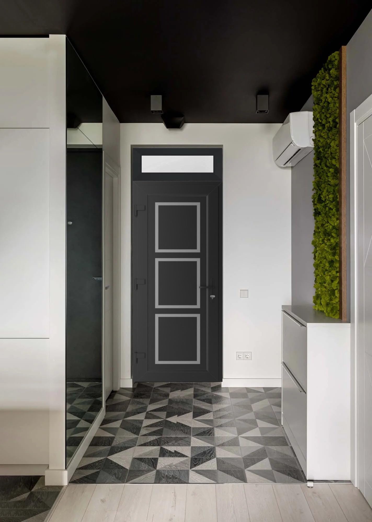 VDOMDOORS Front Exterior Prehung Metal-Plastic Door Frosted Glass | Manux 8661 Matte Black | Top Sidelite Transom | Residential Doors Entrance Patio Garage 36 x 94 (W36 x H80+14) Right-Inswing