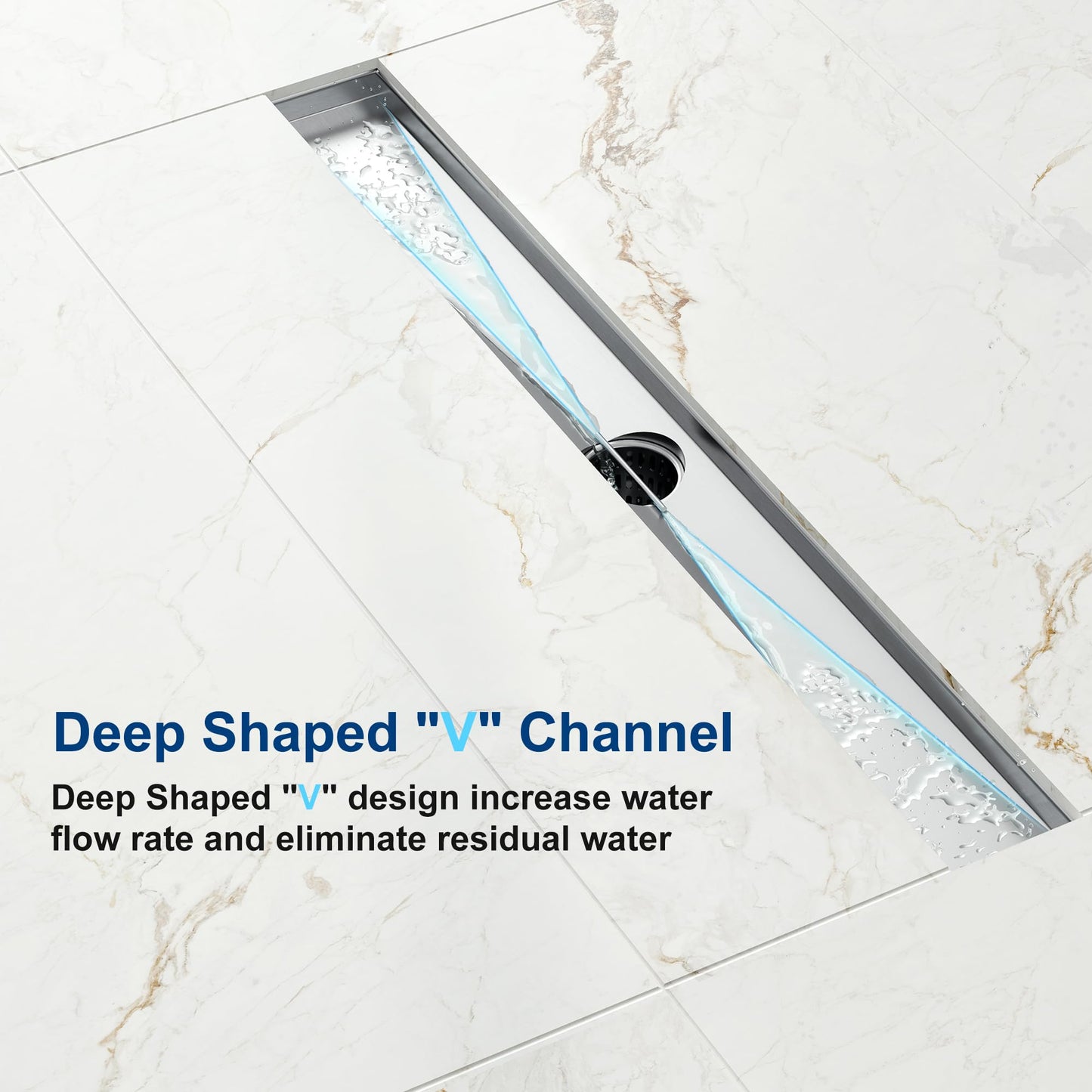 24 inch Linear Shower Drain with Tile Insert Grate Cover, Brushed 304 Stainless Steel Bonding Flange Linear Drain, Low Profile Linear Shower Drain with Hair Strainer