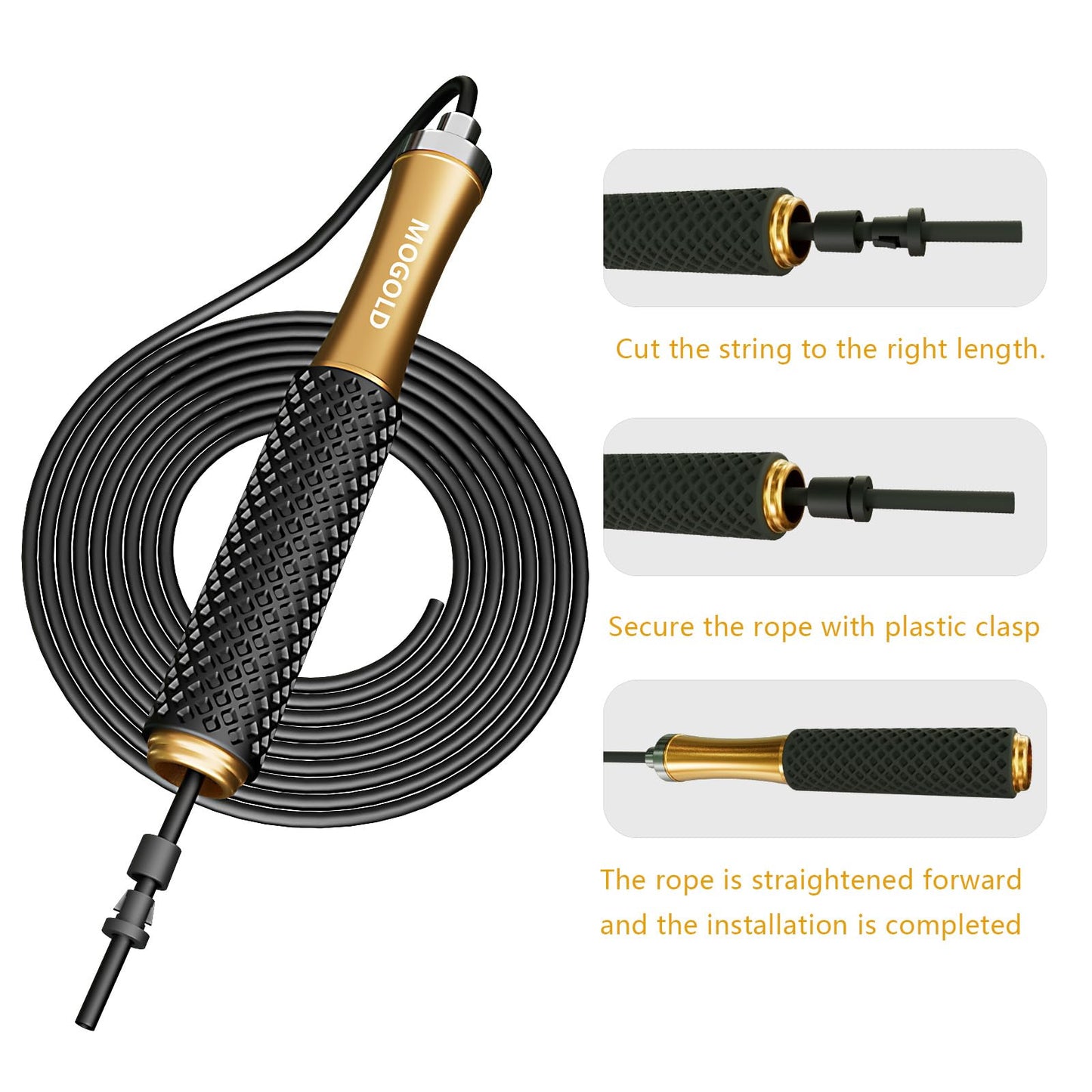MOGOLD Jumping Rope For Men Women Kids - Alloy Handle Core Covered Silicone Grip With Ball Bearing- Adjustable 10ft long Skipping Rope - Good For Workout Fitness Weight loss (Black)