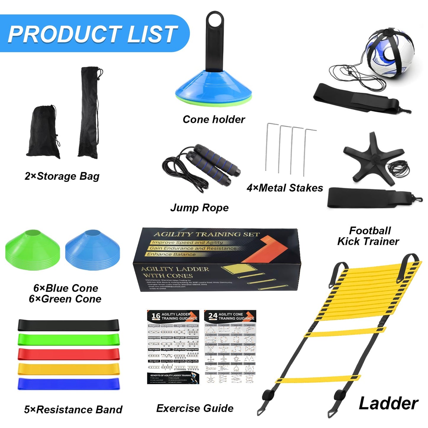 grestar Speed Agility Training Equipment Set, Agility Ladder 20ft, 12 Football Cones, Soccer Kick Trainer, Jump Rope, 5 Resistance Bands, Football Soccer Basketball Fitness Drills for Kids Adults