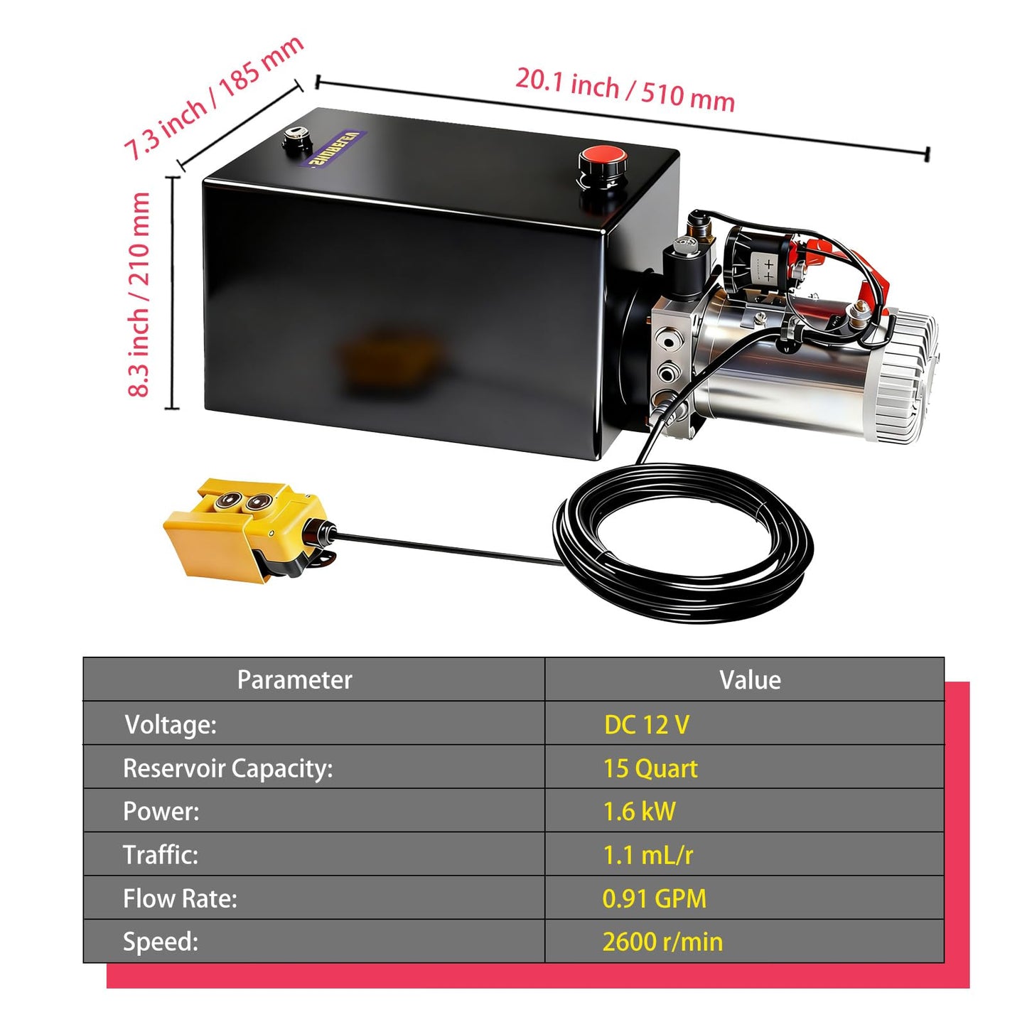 SHORELEV Hydraulic Power Unit 15 Quart with SAE#6 Connector, 12V DC Hydraulic Power Pump, 15L Single Acting Iron Reservoir, 3000 PSI for Dump Trailers, Tow Trucks, Snow Plows, Agricultural Equipment