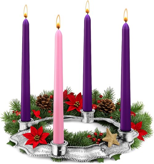 Mumufy Advent Candle Holder Set - 5 Pcs Metal Nativity Christmas Centerpiece with Purple & Pink Candles
