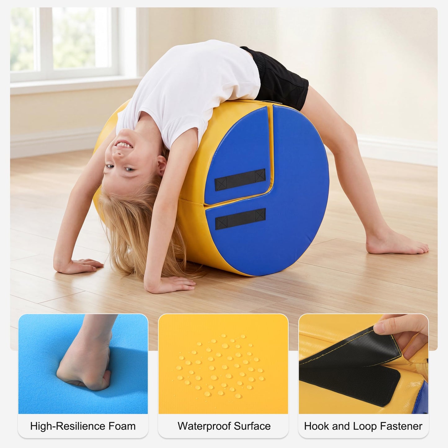 MABOZOO 2-in-1 Gymnastics Tumbling Equipment with Posture Correction Support, Detachable Back Handspring Trainer with High-Density Foam, PU Leather Gymnastics Barrel for Kids, 21.7" x 17.7"