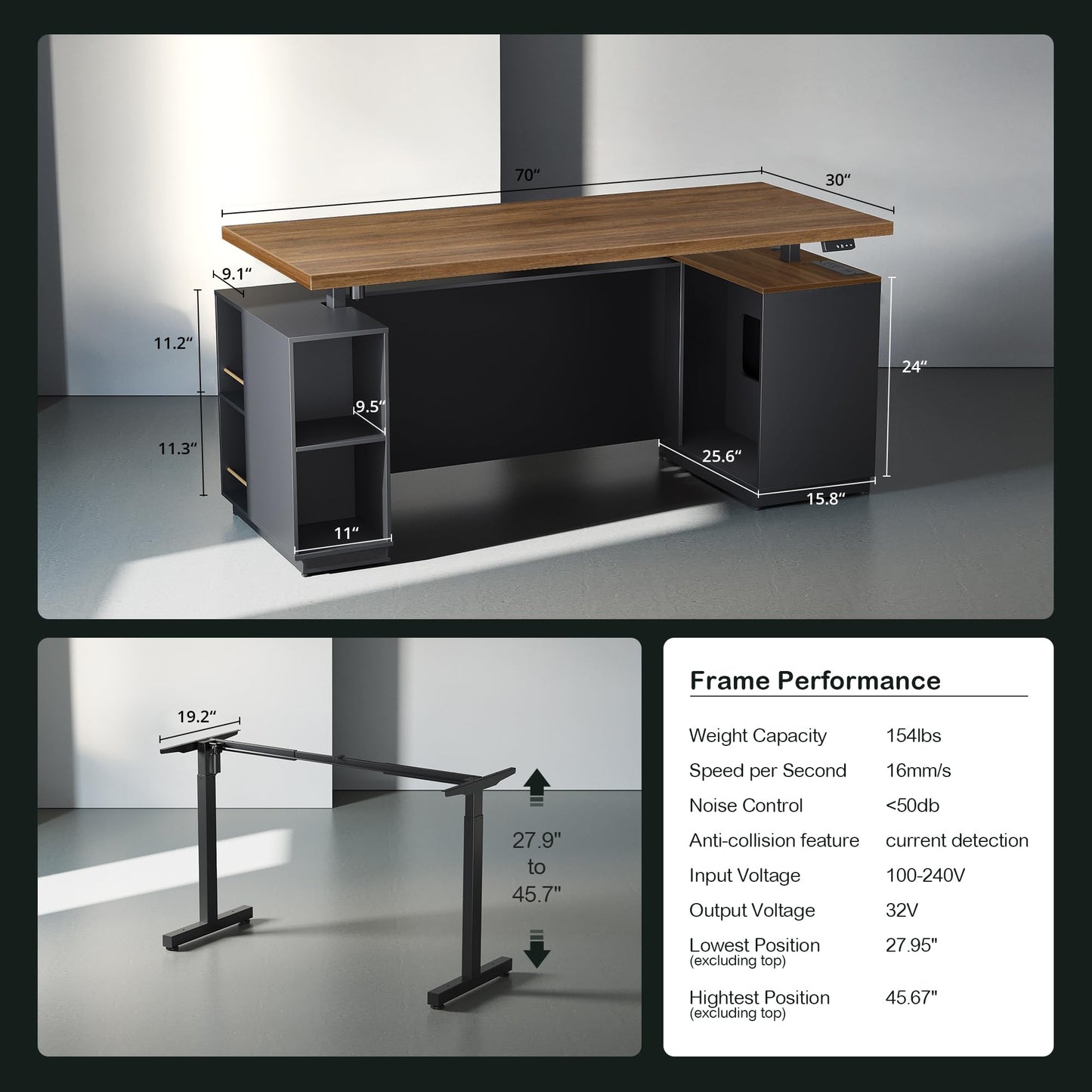 ModernMate 71" Standing Desk with File Cabinet, AC/USB, 1.18" Desktop, L Shaped Height Adjustable Desk, Electric Furniture Set with Multiple Functions for Home and Office, Black Walnut