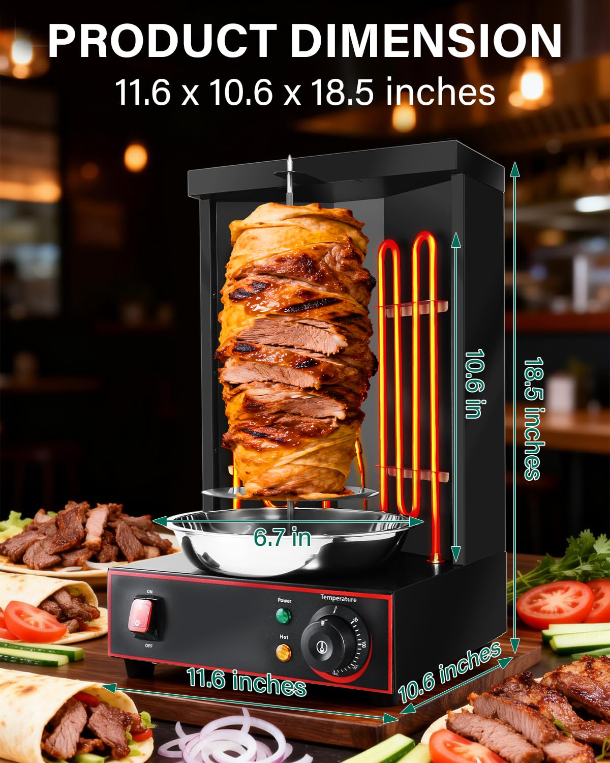 BNDHKR Electric Shawarma Grill Machine Countertop Rotisserie Turkey Maker Vertical Barbecue Oven with Temperature Control for Commercial/Household 122℉-572℉ 110V Black