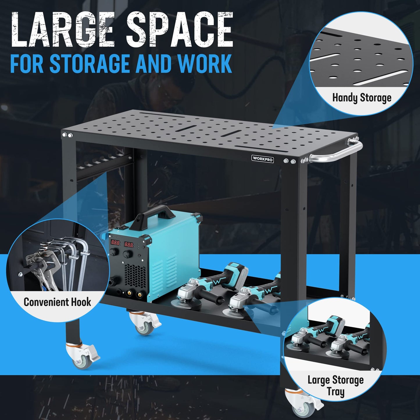 WORKPRO 36”×18” Welding Table, 1200 lbs Load Capacity, Nitriding Tabletop, Portable Welding Table with 5/8" Holes on Top, Welding Cart, Casters with Brakes