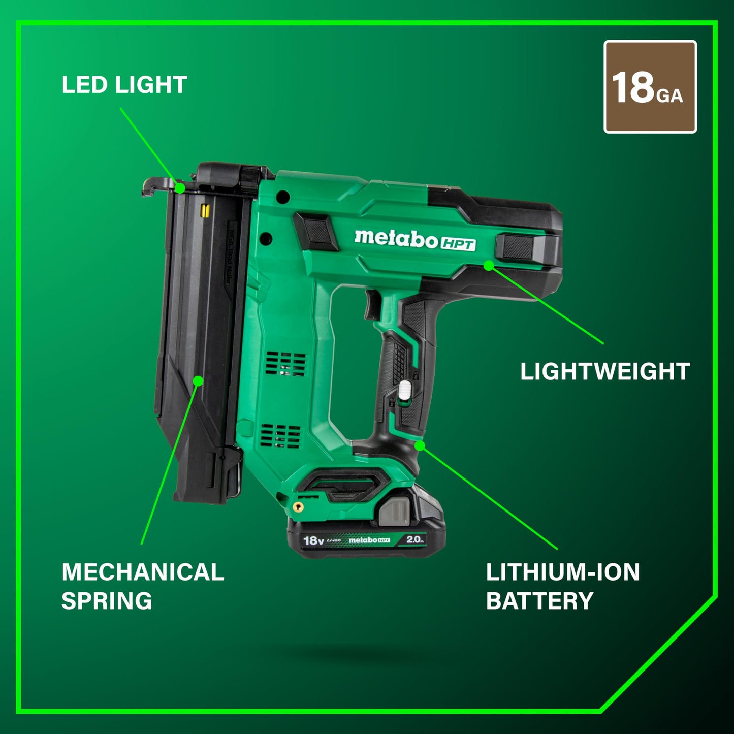 Metabo HPT 18V MultiVolt Compact Cordless Brad Nailer Kit, 18 Gauge Nailer with Power Tool 2.0Ah Lithium Ion Battery, Drives 5/8" to 2" Brad Nails, 700 per Charge, NT1850DG