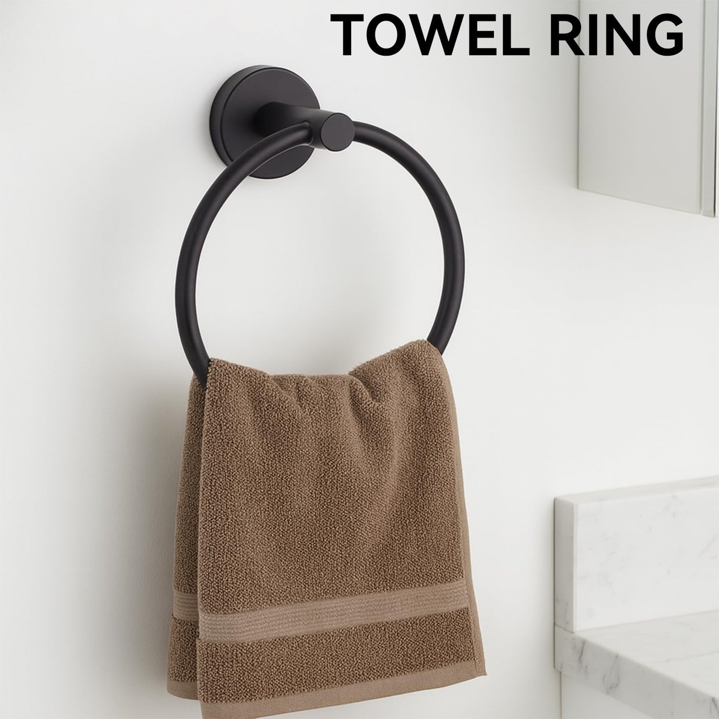 RoDzj Matte Black Bathroom Hardware Set 6-Piece, SUS304 Stainless Steel Bath Accessories Kit, Includes 24" & 16" Towel Bars, Toilet Paper Holder, Towel Ring, 2 Robe Hooks, Wall Mounted Round Style