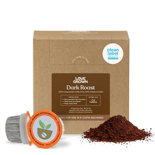 Love Grown Plastic-Free Coffee Pods, 100% Arabica Single-Serve Cups, Compostable, Non-GMO - Compatible with Keurig Coffee Pods Machines and K-Cup Brewers, Dark Roast Flavor, Box of 15