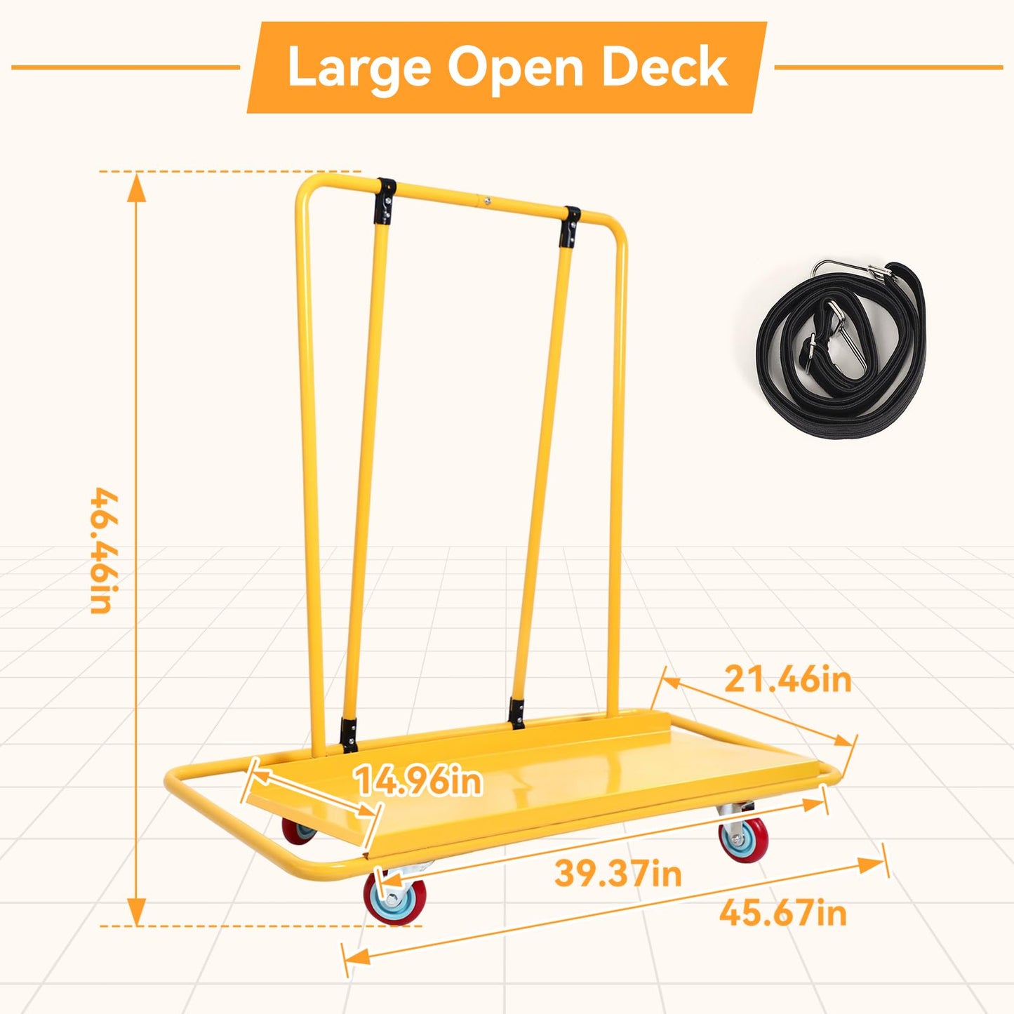 FULUPET Heavy Duty Drywall Sheet Cart, 3000 lbs Capacity Professional Panel Dolly,45.6"x 21.5" Deck and Industrial Swivel Casters, Rolling Wallboard and Plywood Trolley for Construction, Warehouse