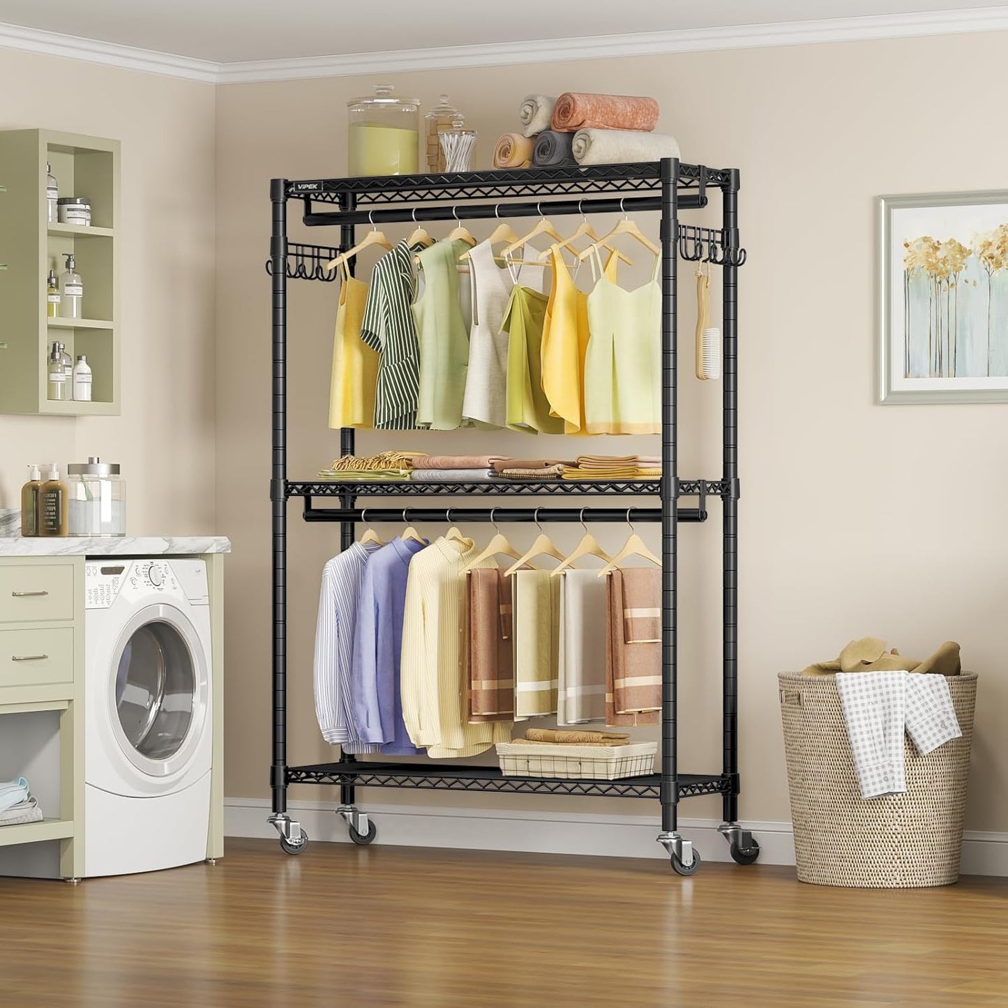 VIPEK R2 Plus Heavy Duty Garment Rack - Adjustable 3-Tier Wire Shelving with Double Rods & Hooks | Black