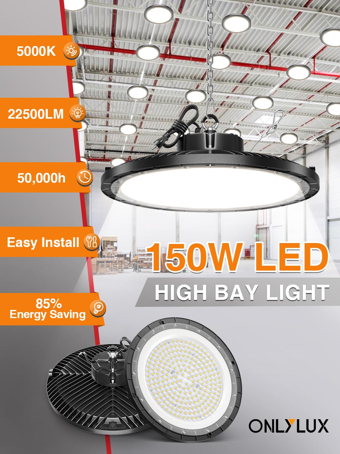 ONLYLUX UFO LED High Bay Light, 10 Pack, 150W, 5000K, 22500LM, High Bay LED Shop Lights with 5' Cable(Eqv.600w Mh/Hps/Hid) for Garage Factory Workshop Warehouse Barn