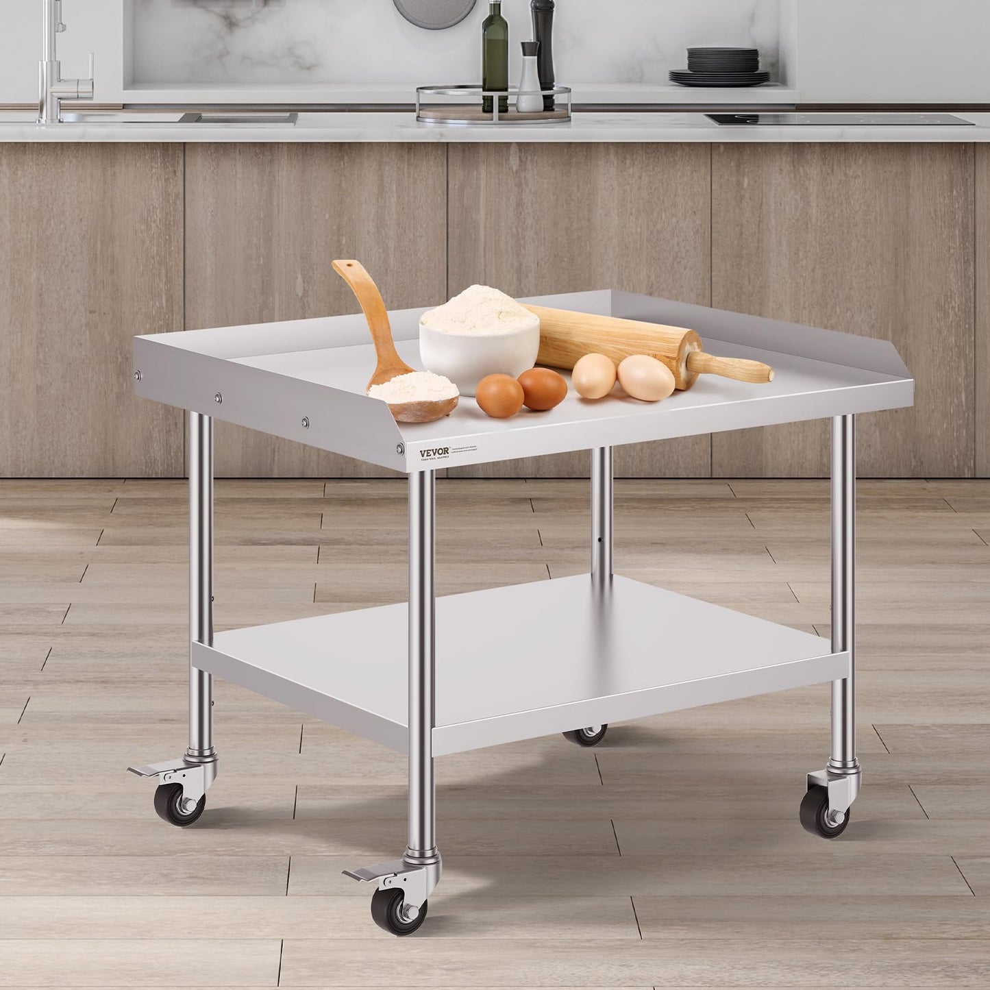 VEVOR Stainless Steel Work Table, 30 x 36 x 30 Inch Commercial Food Prep Worktable with 4 Wheels, Casters, 3-Sided Backsplash Heavy Duty Prep Worktable, Metal Work Table for Restaurant Home Hotel