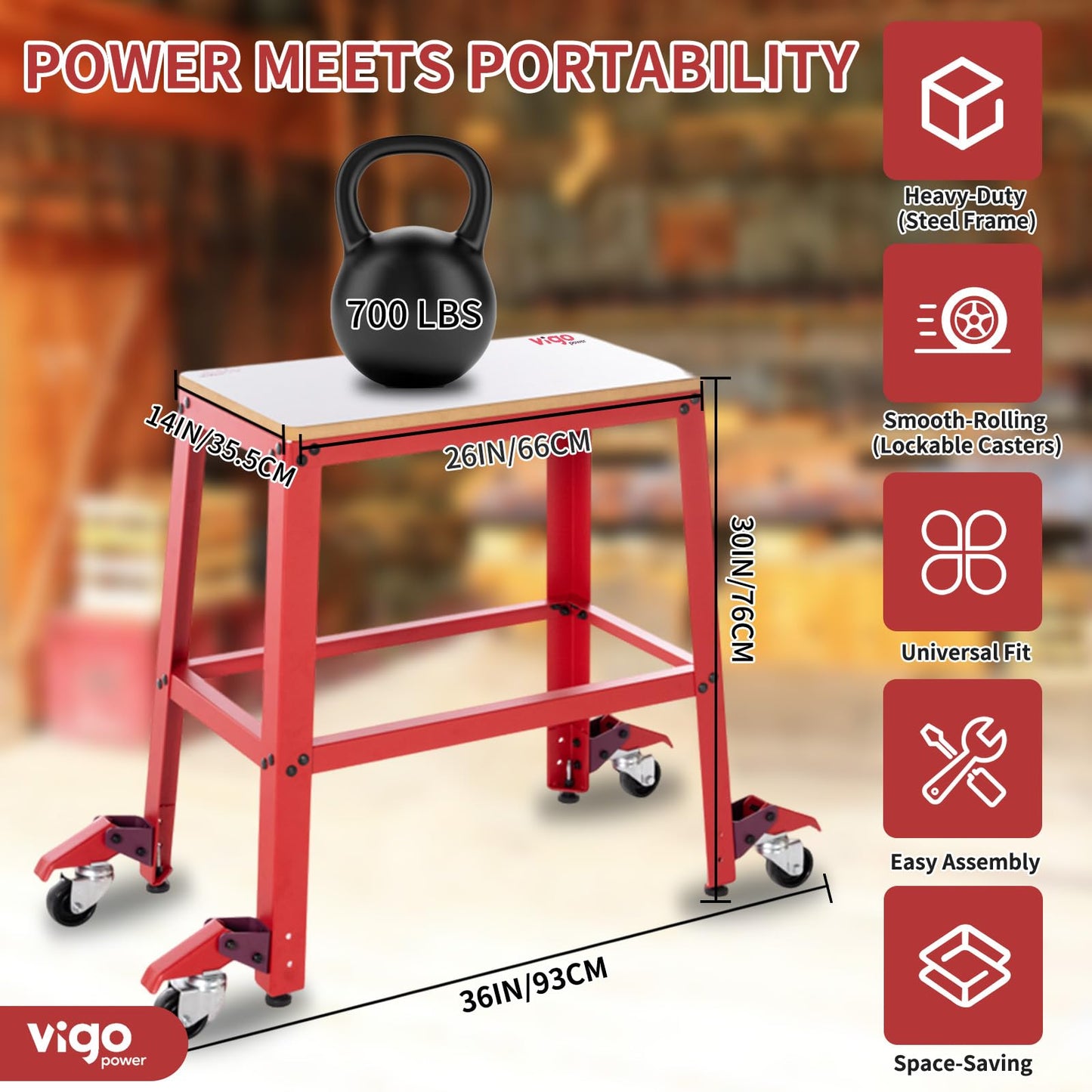 VIGO POWER Universal Tool Stand with Wheels, Drill Press, Miter Saw, Band Saw, Scroll Saw, Planer, Sander & Bench Grinder Stand, 700 lbs Heavy Duty Mobile Base, 26"x14" MDF Top, Rubber Casters