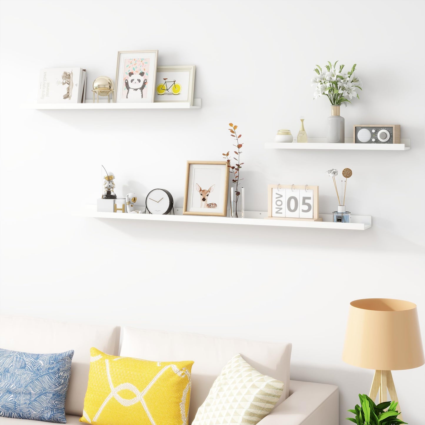 Acovy Picture Ledge Shelf, Wood Long Floating Shelves for Wall, Set of 2, 48 inch Picture Ledge Shelves, Photo Ledge Nursery Book Shelves Wall Mounted for Living Room Kids' Room Bedroom, Color White