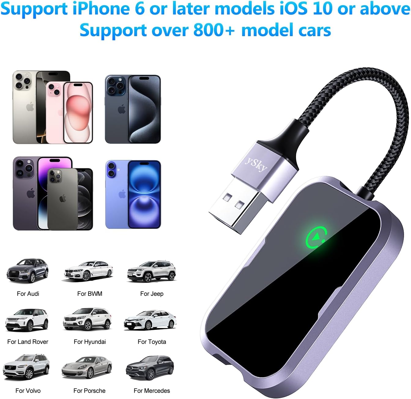 ySky Seamless 2017 10+(Plug Wireless Carplay Adapter, Multi-User Connection for Converts Wired to Wireless carplay